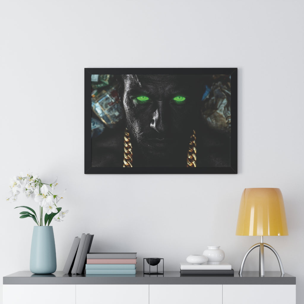 Framed Poster — Dark Portrait with Neon Green Eyes & Gold Chain