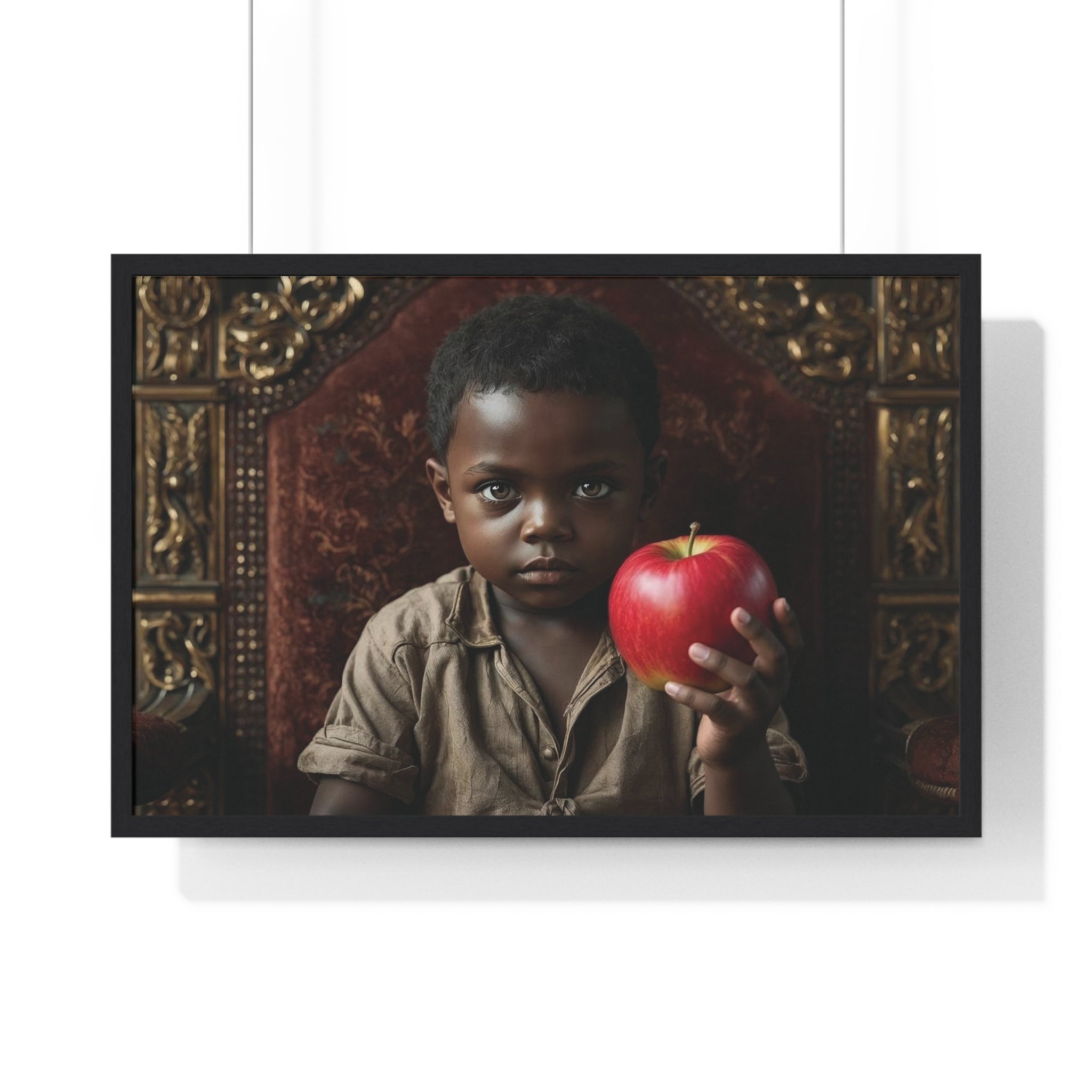 Vintage Portrait Boy Holding Red Apple — Framed Poster Decorative Wall Art