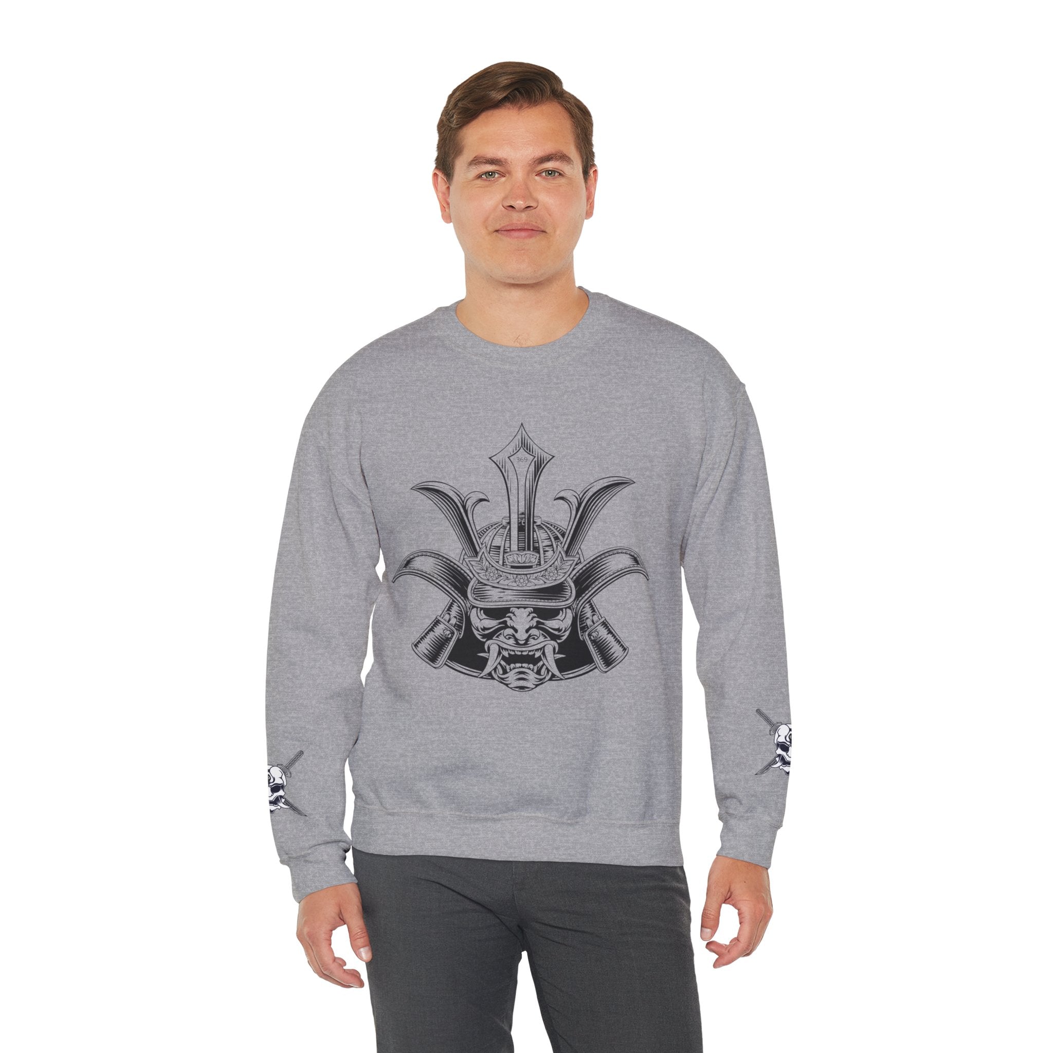 Bushidō Armor Helmet Crewneck Sweatshirt — "Virtues of Bushidō" Back Script