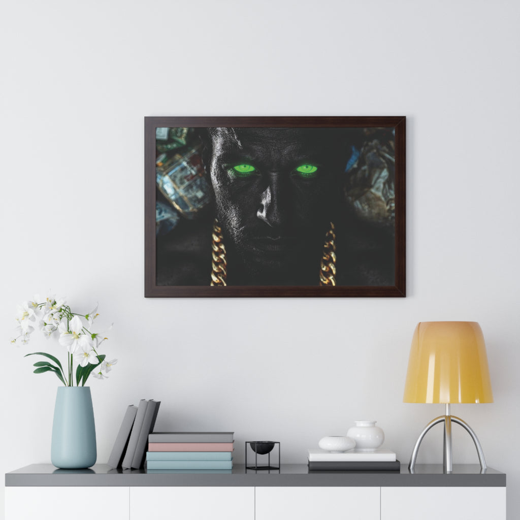 Framed Poster — Dark Portrait with Neon Green Eyes & Gold Chain