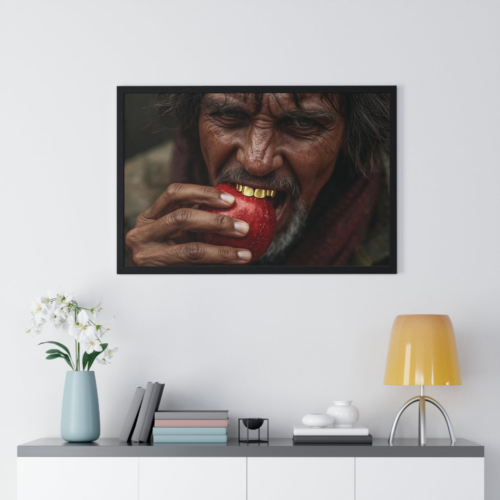 Framed Horizontal Poster – Rustic Portrait of Man Biting Red Apple, Dramatic Wall Art