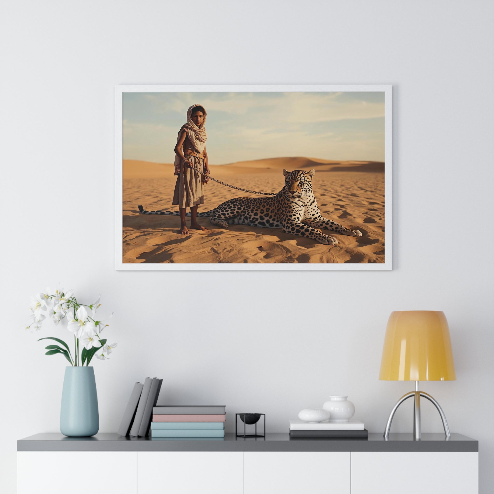 Desert Guardian Boy with Leopard Framed Poster