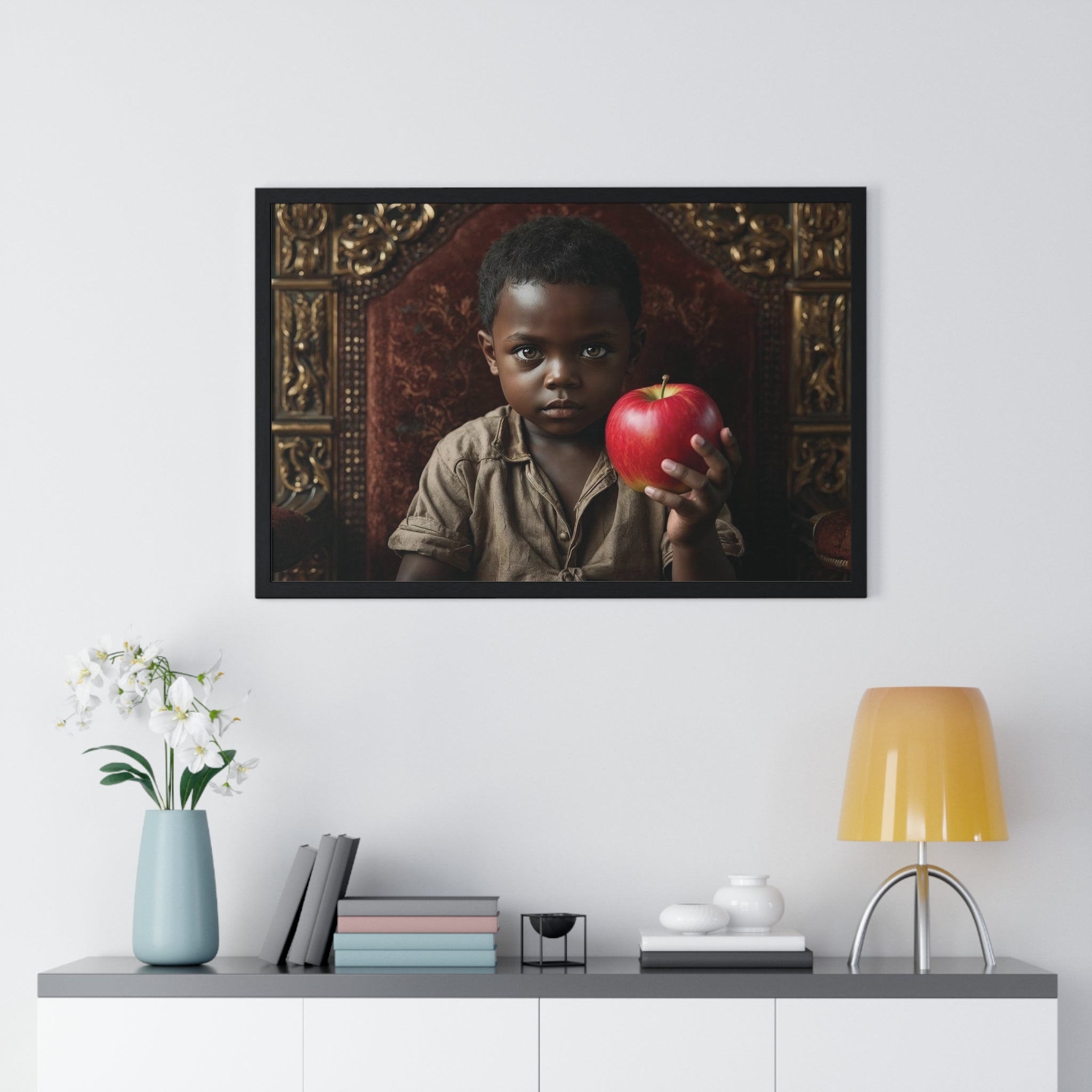 Vintage Portrait Boy Holding Red Apple — Framed Poster Decorative Wall Art