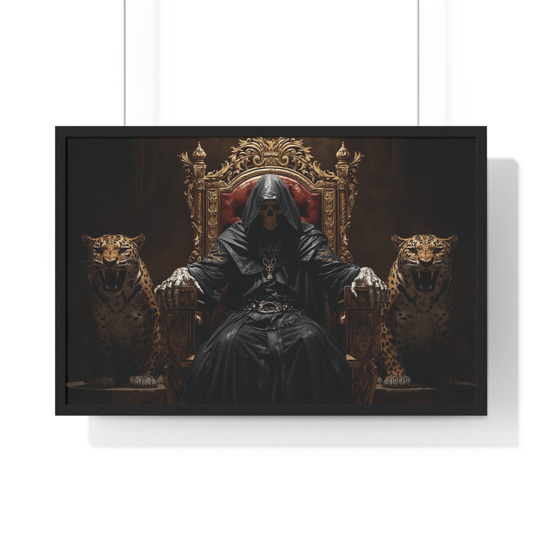 Dark Throne Hooded King Poster — Framed Wall Art with Leopards