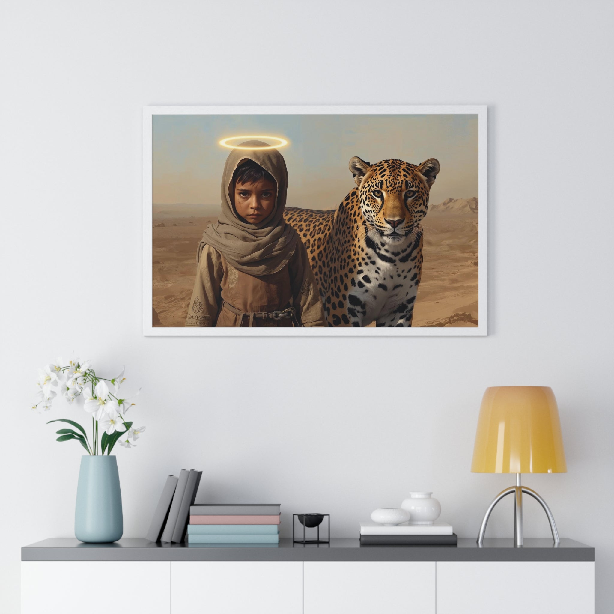 Desert Child with Halo & Leopard — Framed Horizontal Poster