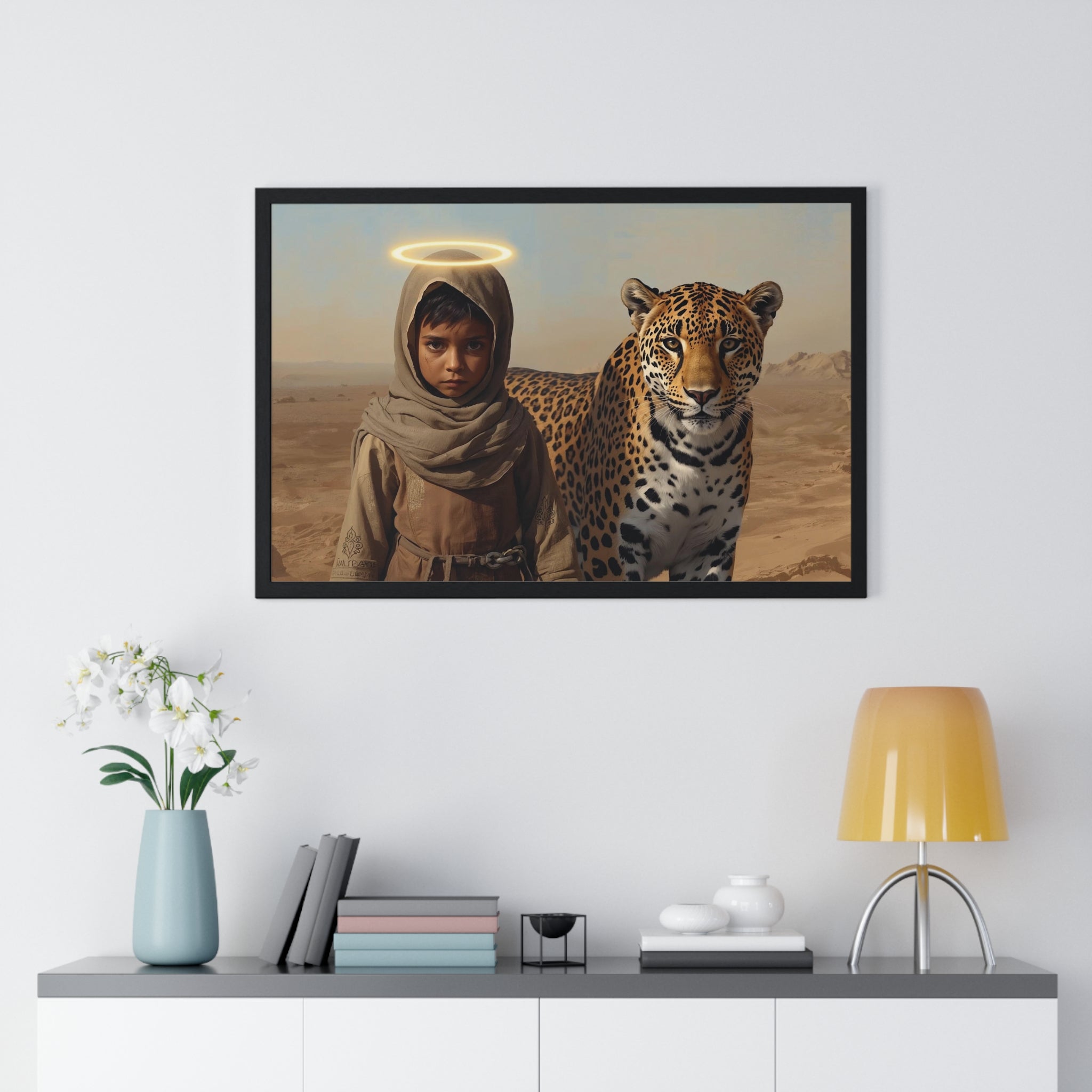 Desert Child with Halo & Leopard — Framed Horizontal Poster