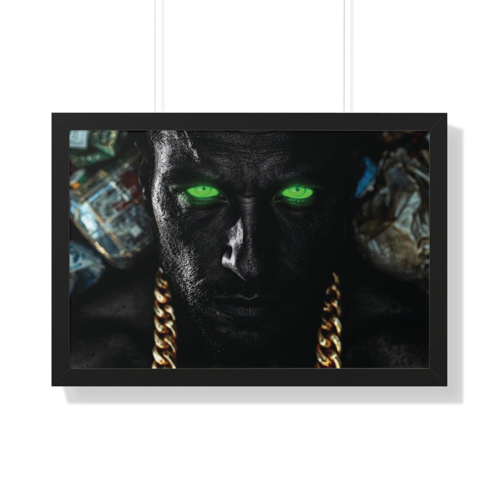 Framed Poster — Dark Portrait with Neon Green Eyes & Gold Chain