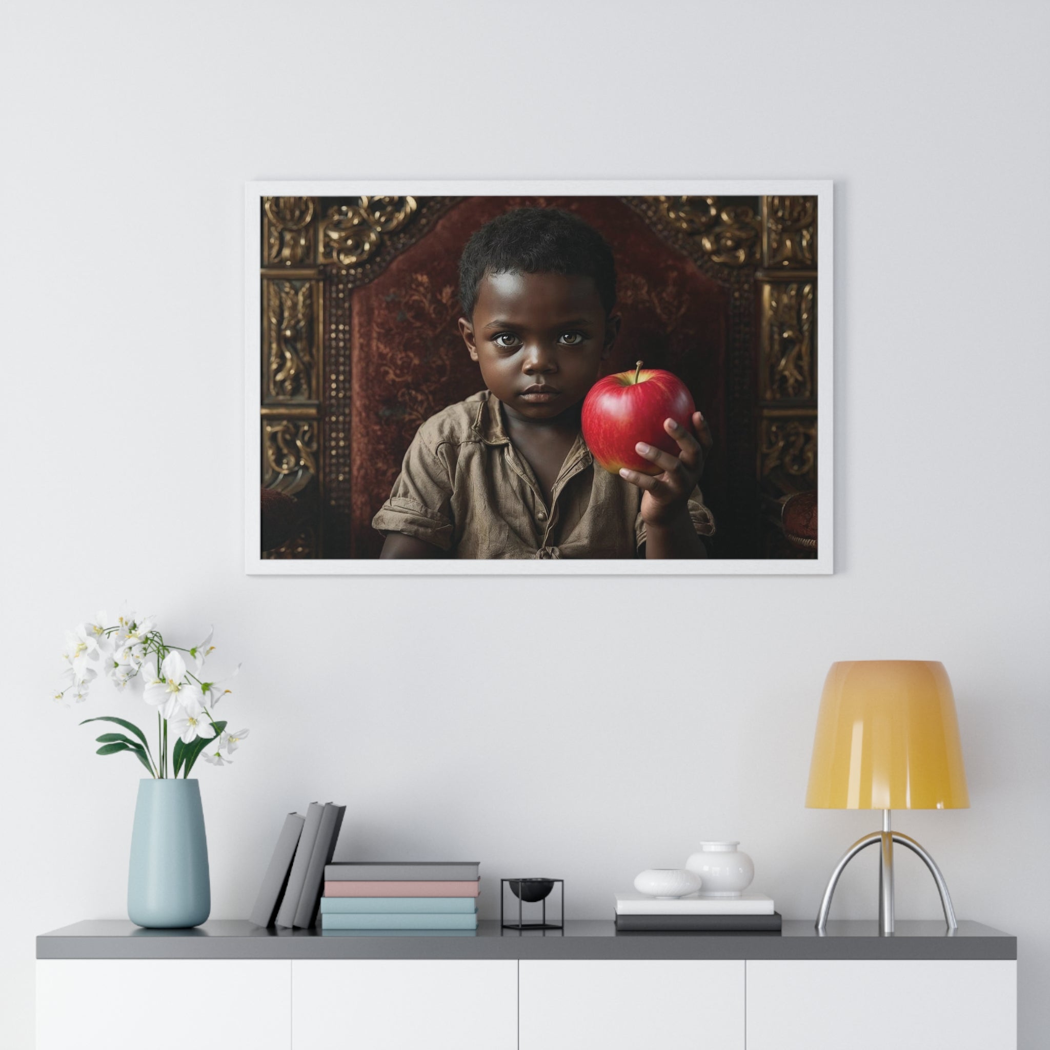 Vintage Portrait Boy Holding Red Apple — Framed Poster Decorative Wall Art