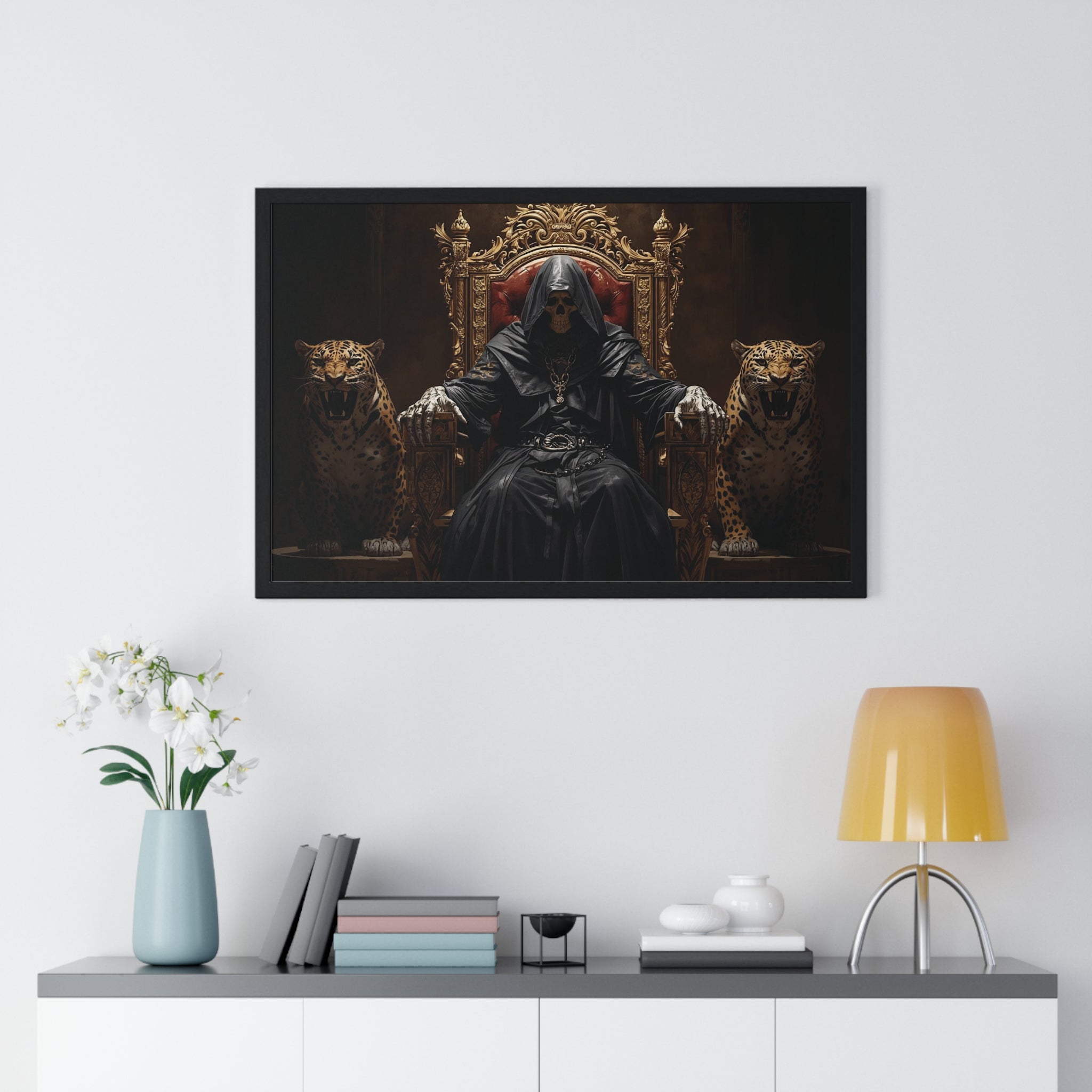 Dark Throne Hooded King Poster — Framed Wall Art with Leopards