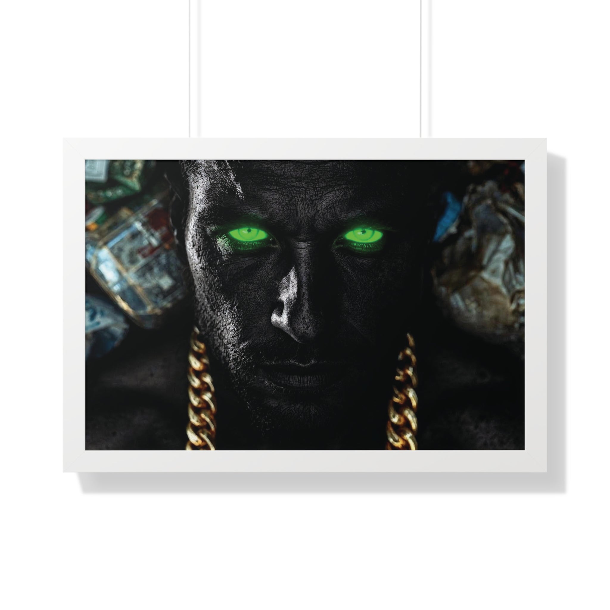 Framed Poster — Dark Portrait with Neon Green Eyes & Gold Chain
