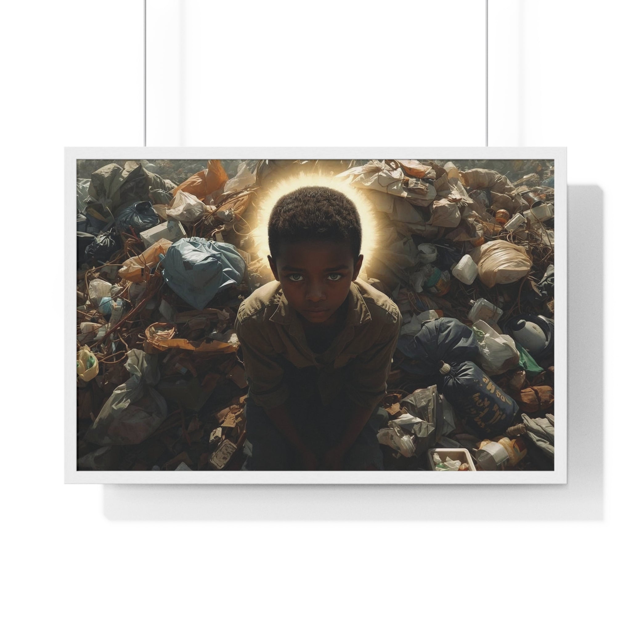 Framed Horizontal Poster — Haloed Child in Garbage: Thought-Provoking Wall Art