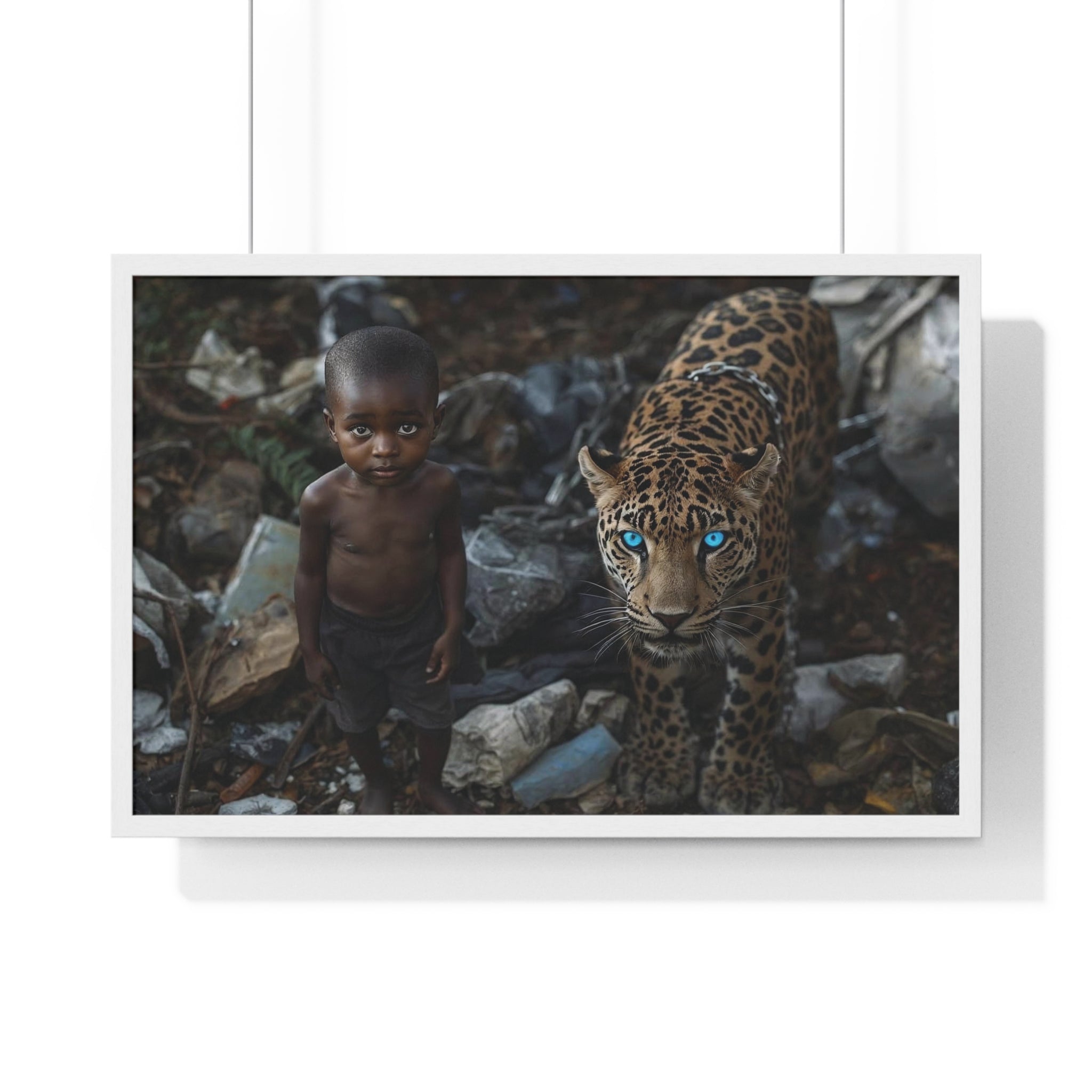Boy and Blue-Eyed Jaguar Framed Poster — Horizontal Wall Art