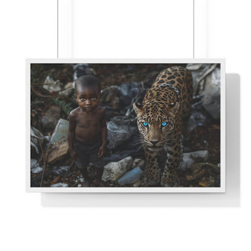 Boy and Blue-Eyed Jaguar Framed Poster — Horizontal Wall Art