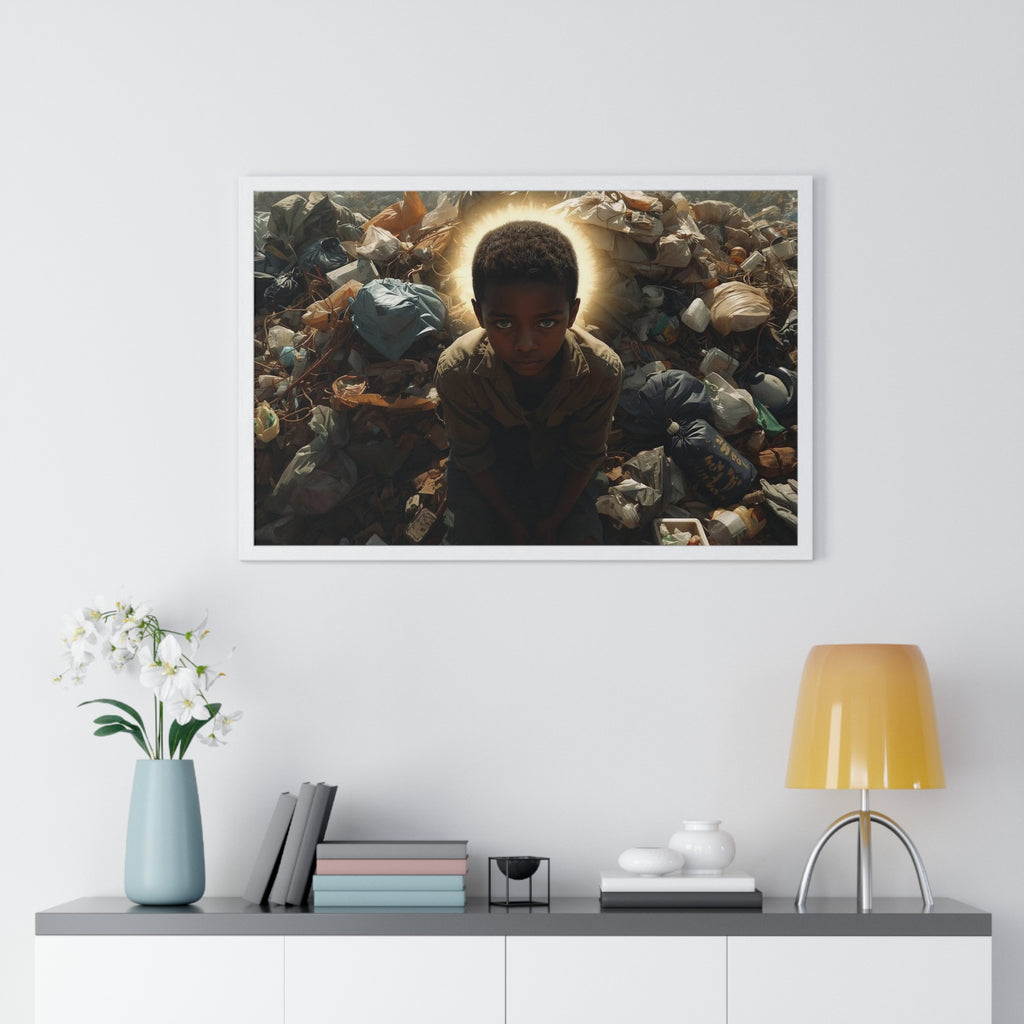 Framed Horizontal Poster — Haloed Child in Garbage: Thought-Provoking Wall Art