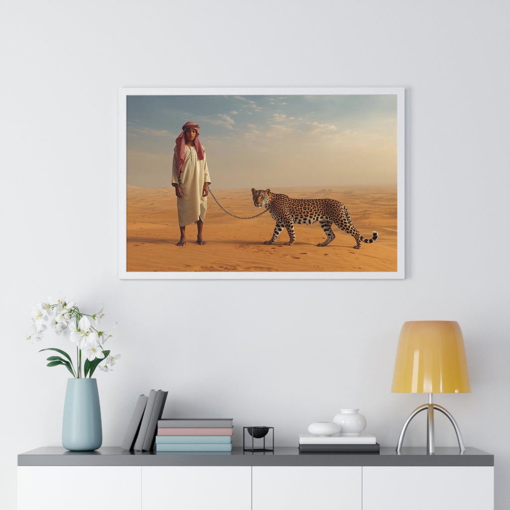 Desert Wanderer Framed Poster — Child with Cheetah Wall Art