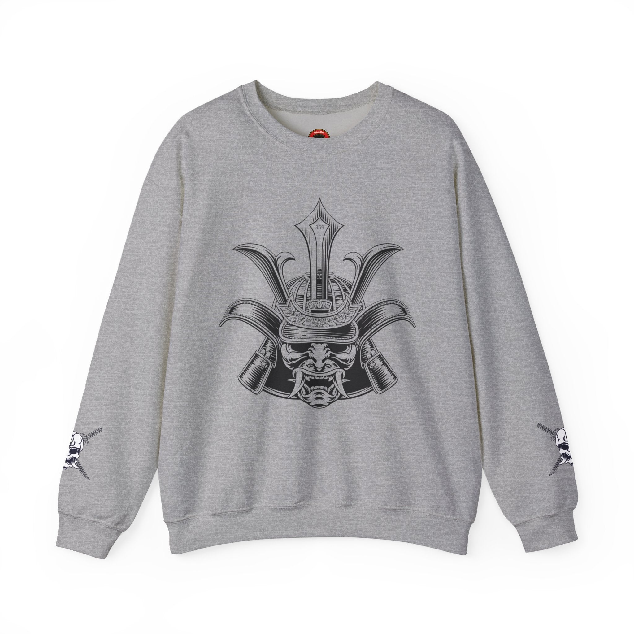 Bushidō Armor Helmet Crewneck Sweatshirt — "Virtues of Bushidō" Back Script