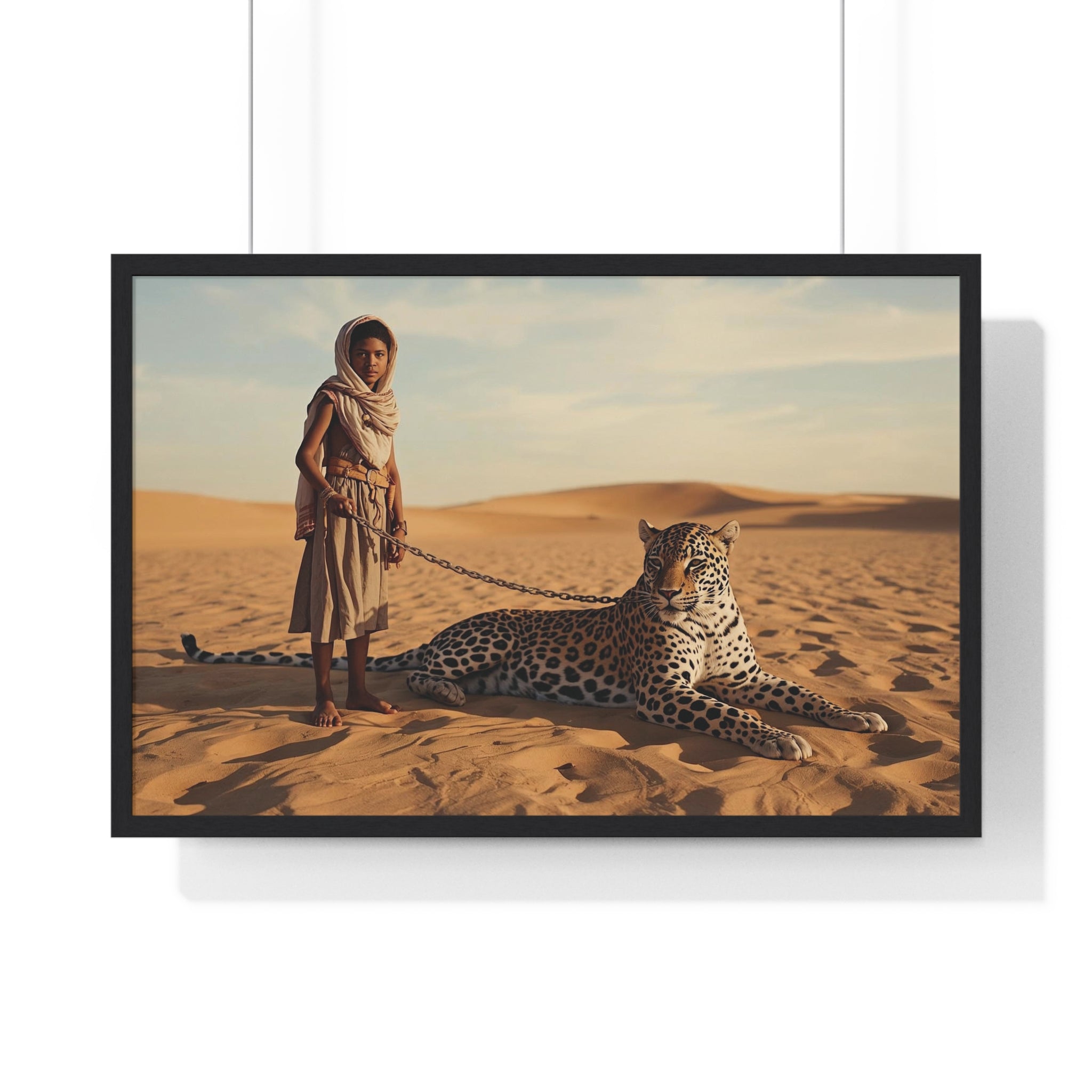 Desert Guardian Boy with Leopard Framed Poster