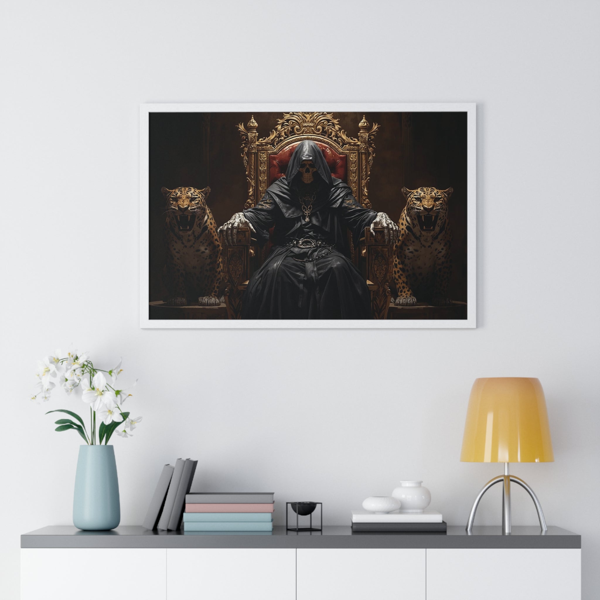 Dark Throne Hooded King Poster — Framed Wall Art with Leopards