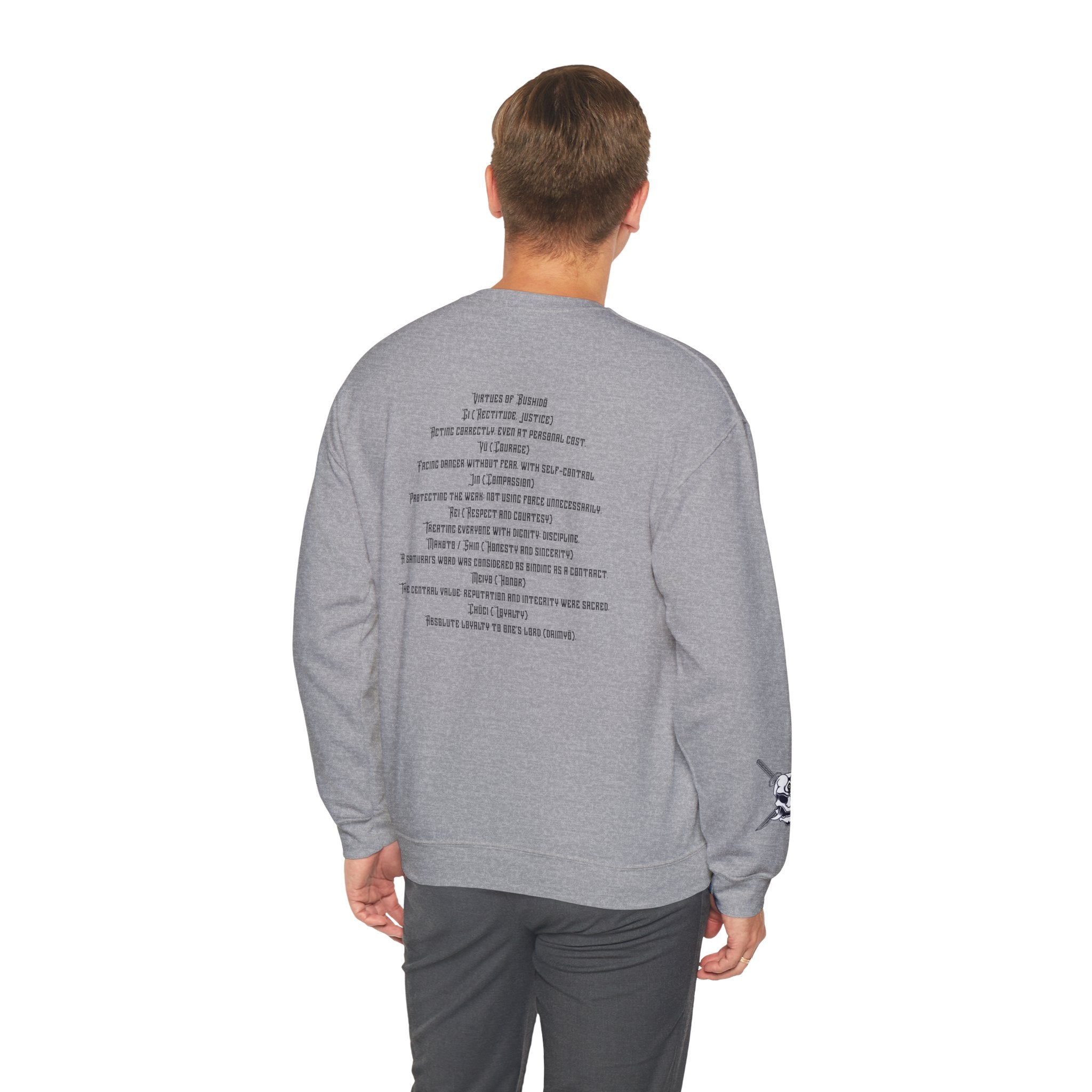 Bushidō Armor Helmet Crewneck Sweatshirt — "Virtues of Bushidō" Back Script