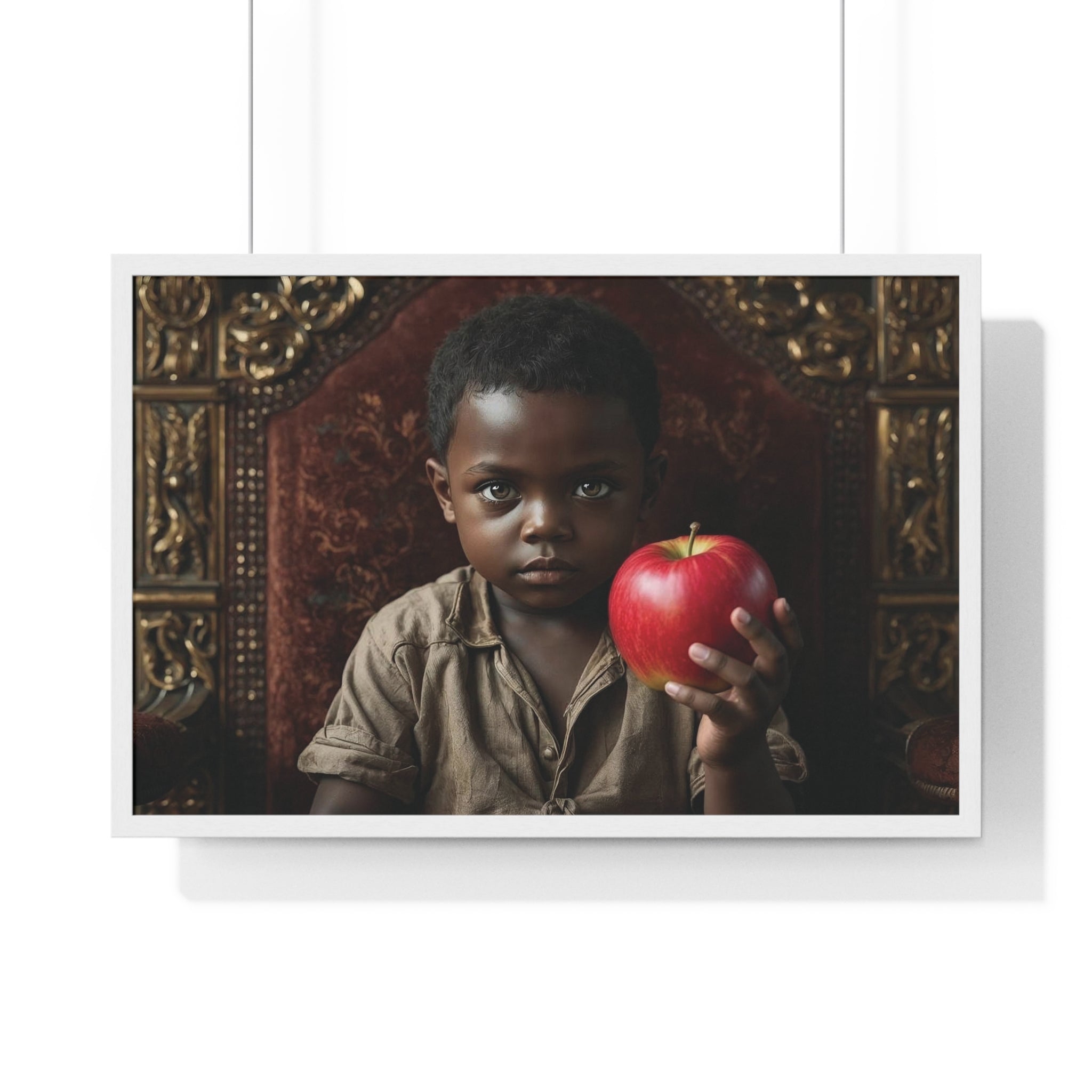 Vintage Portrait Boy Holding Red Apple — Framed Poster Decorative Wall Art