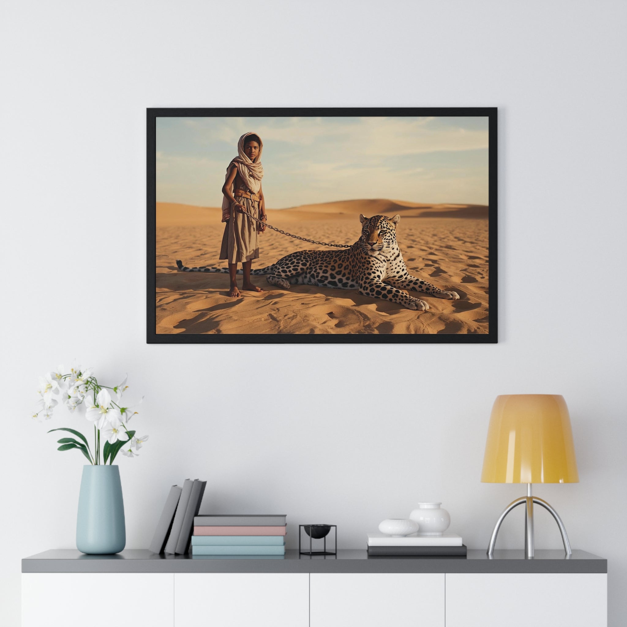 Desert Guardian Boy with Leopard Framed Poster
