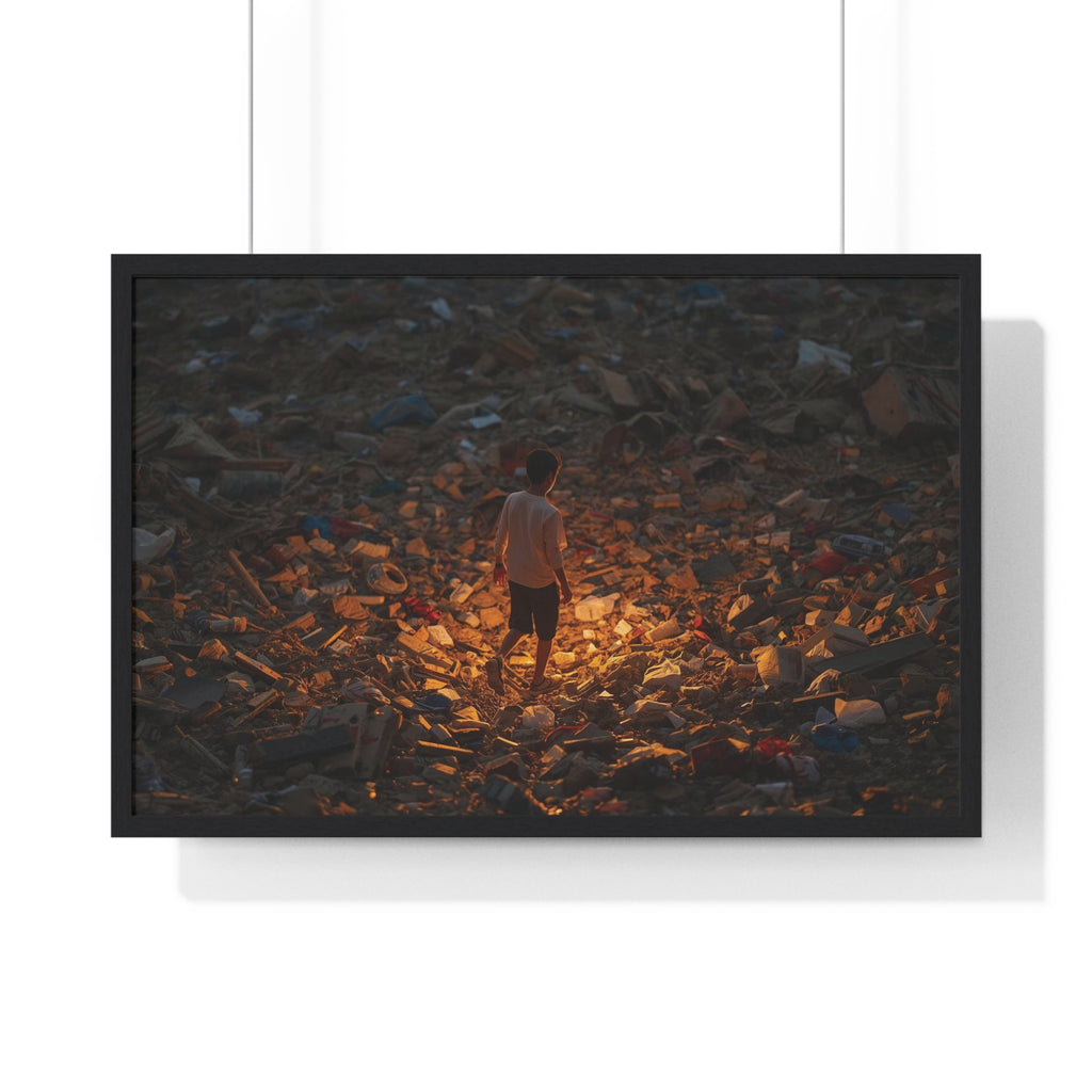 Framed Poster — Solitary Figure in Glowing Rubble (Horizontal)