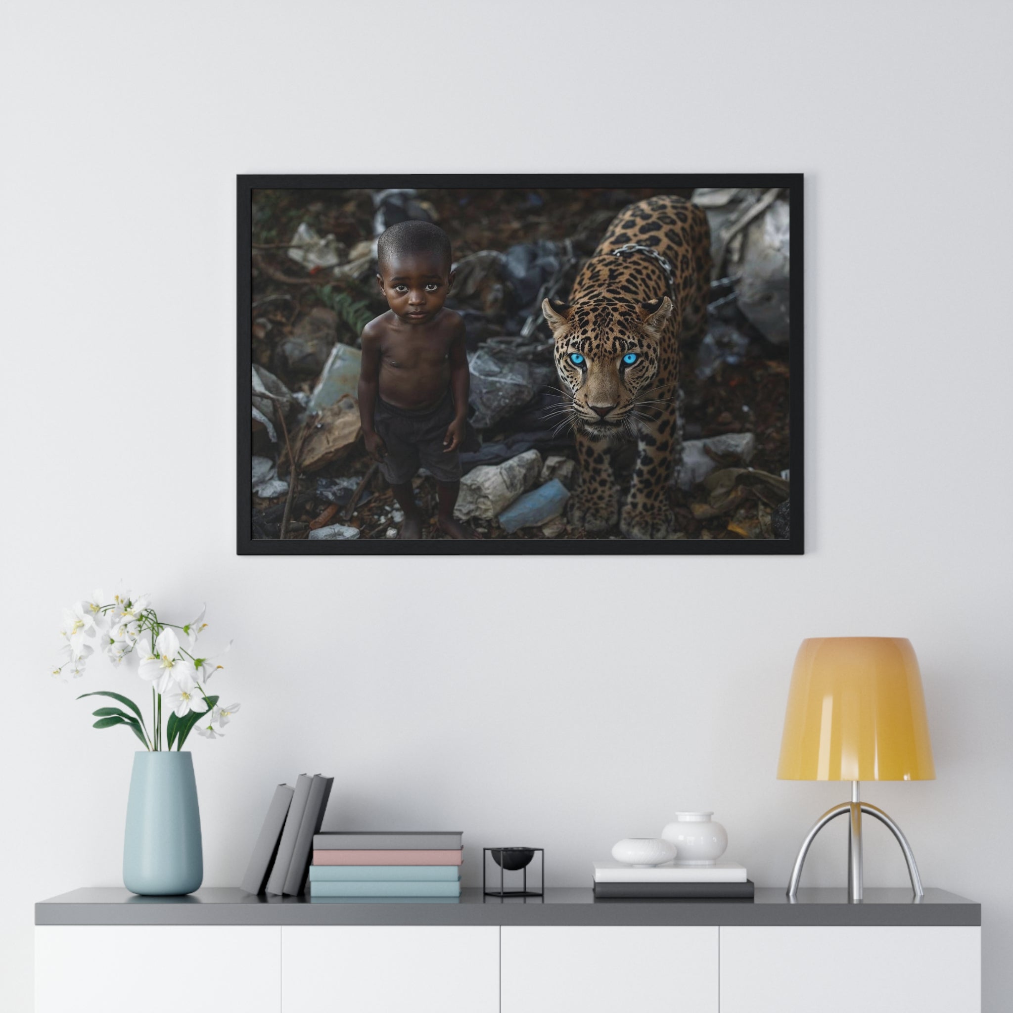 Boy and Blue-Eyed Jaguar Framed Poster — Horizontal Wall Art