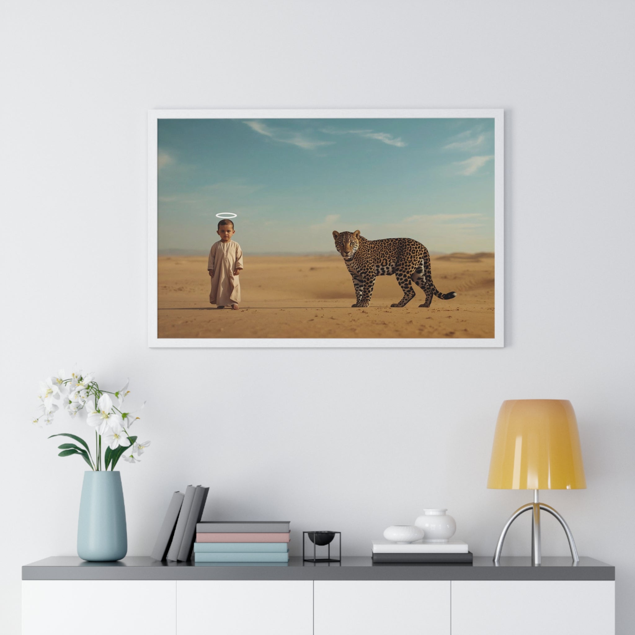 Desert Guardian Framed Poster — Child with Leopard Wall Art