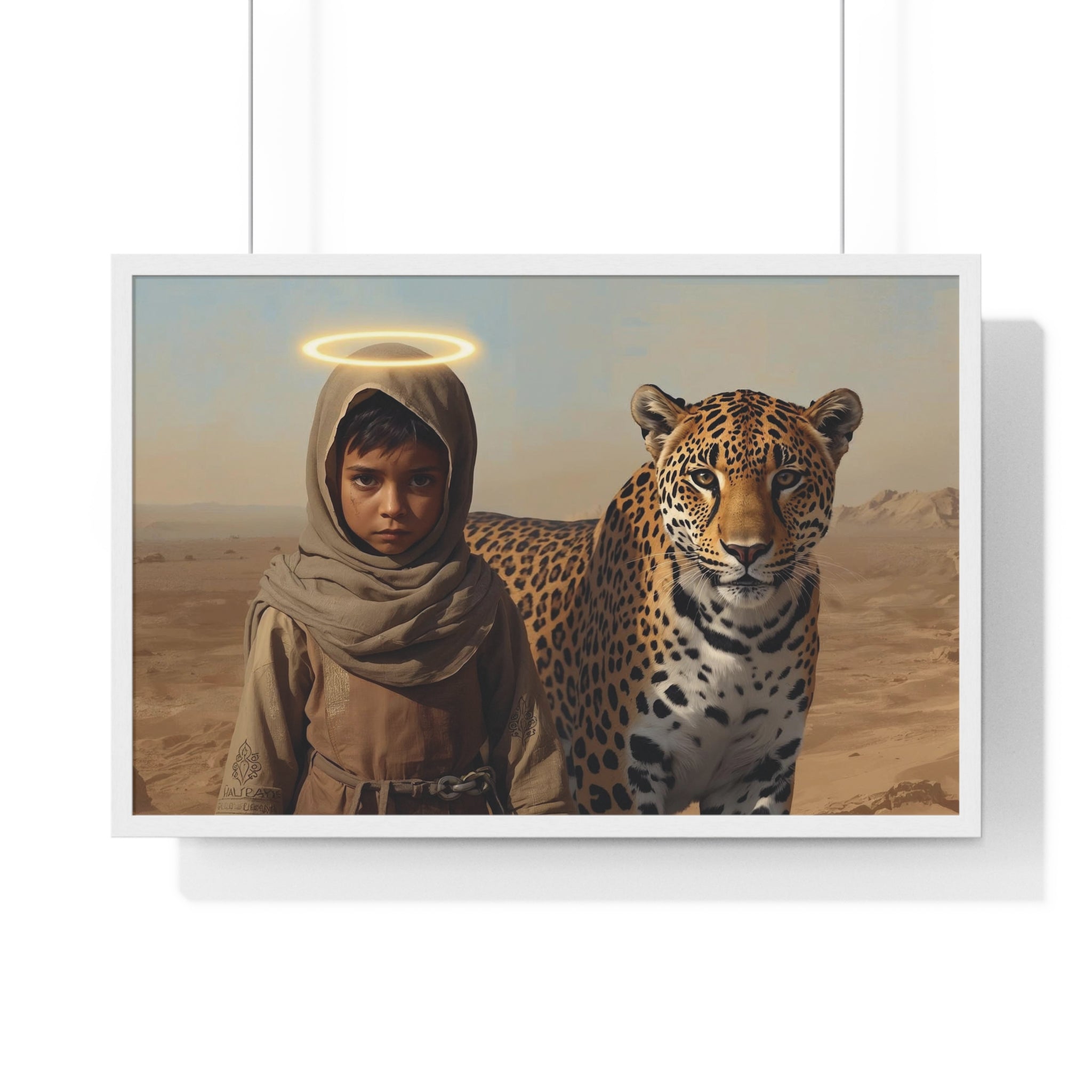 Desert Child with Halo & Leopard — Framed Horizontal Poster