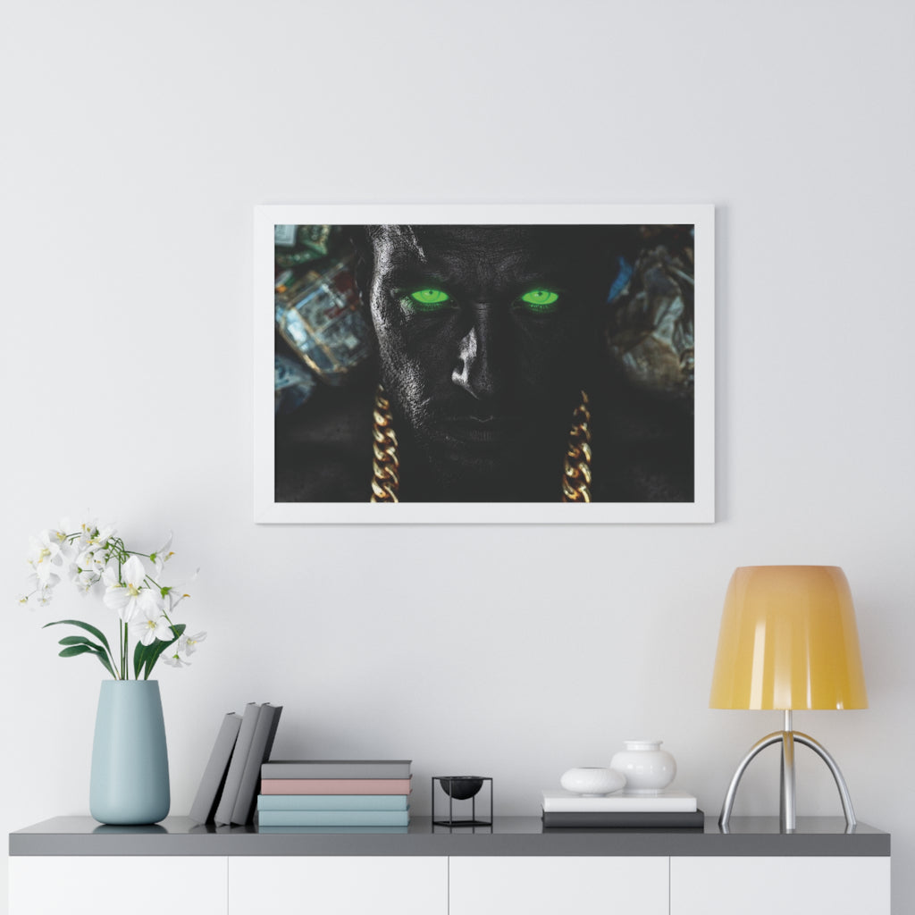 Framed Poster — Dark Portrait with Neon Green Eyes & Gold Chain