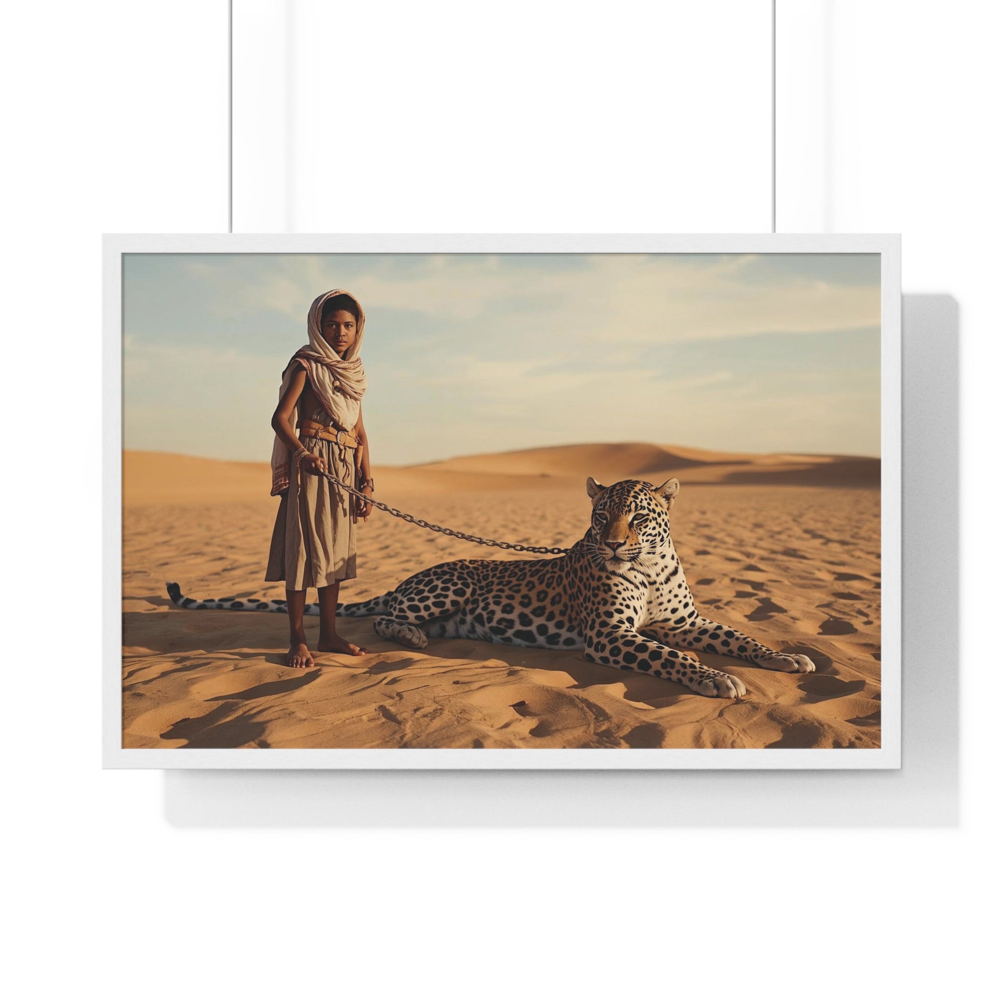 Desert Guardian Boy with Leopard Framed Poster