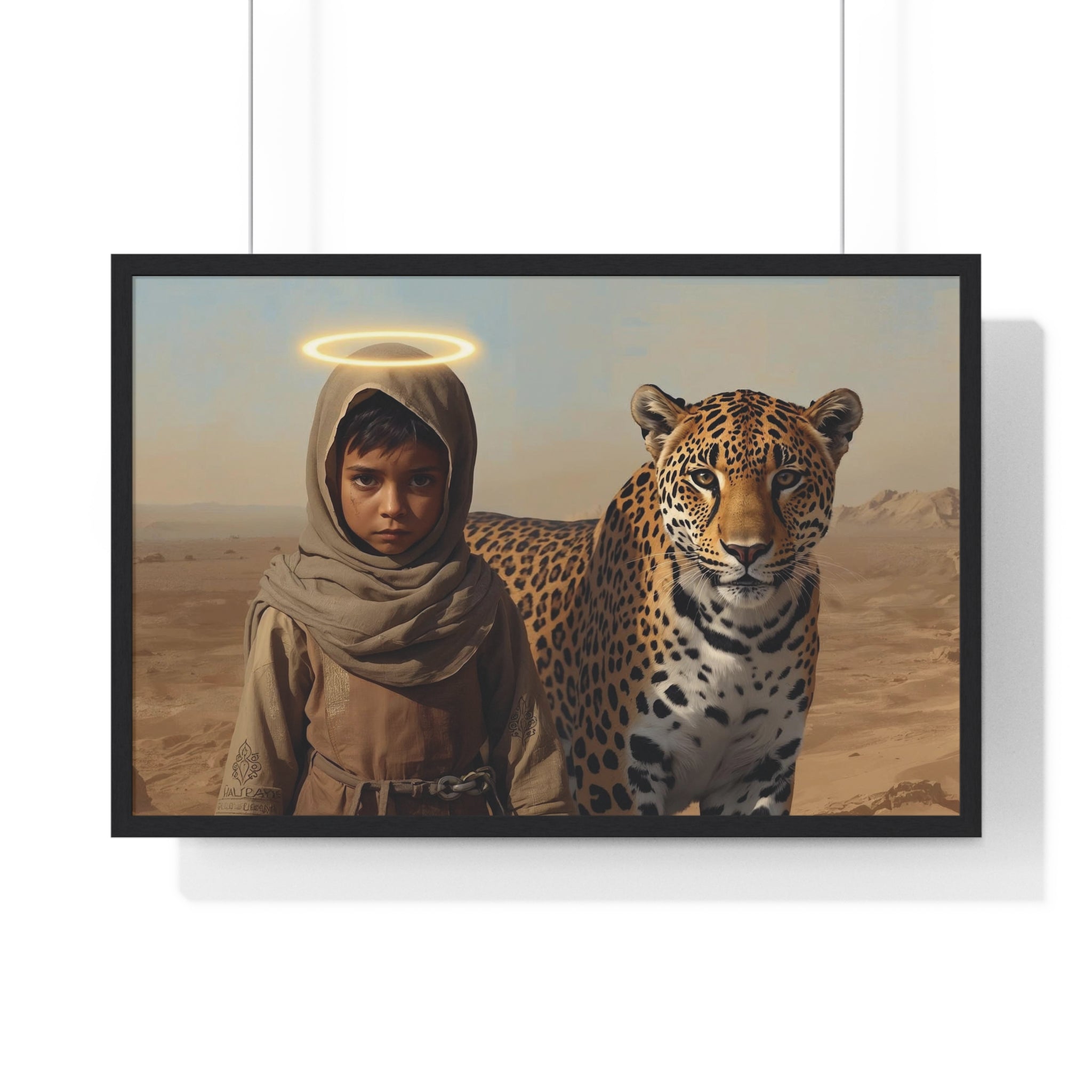 Desert Child with Halo & Leopard — Framed Horizontal Poster