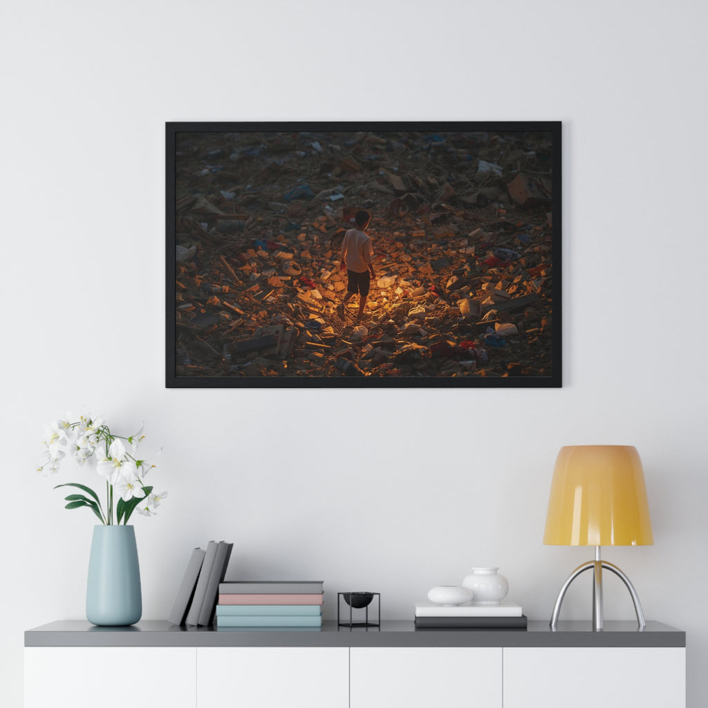 Framed Poster — Solitary Figure in Glowing Rubble (Horizontal)