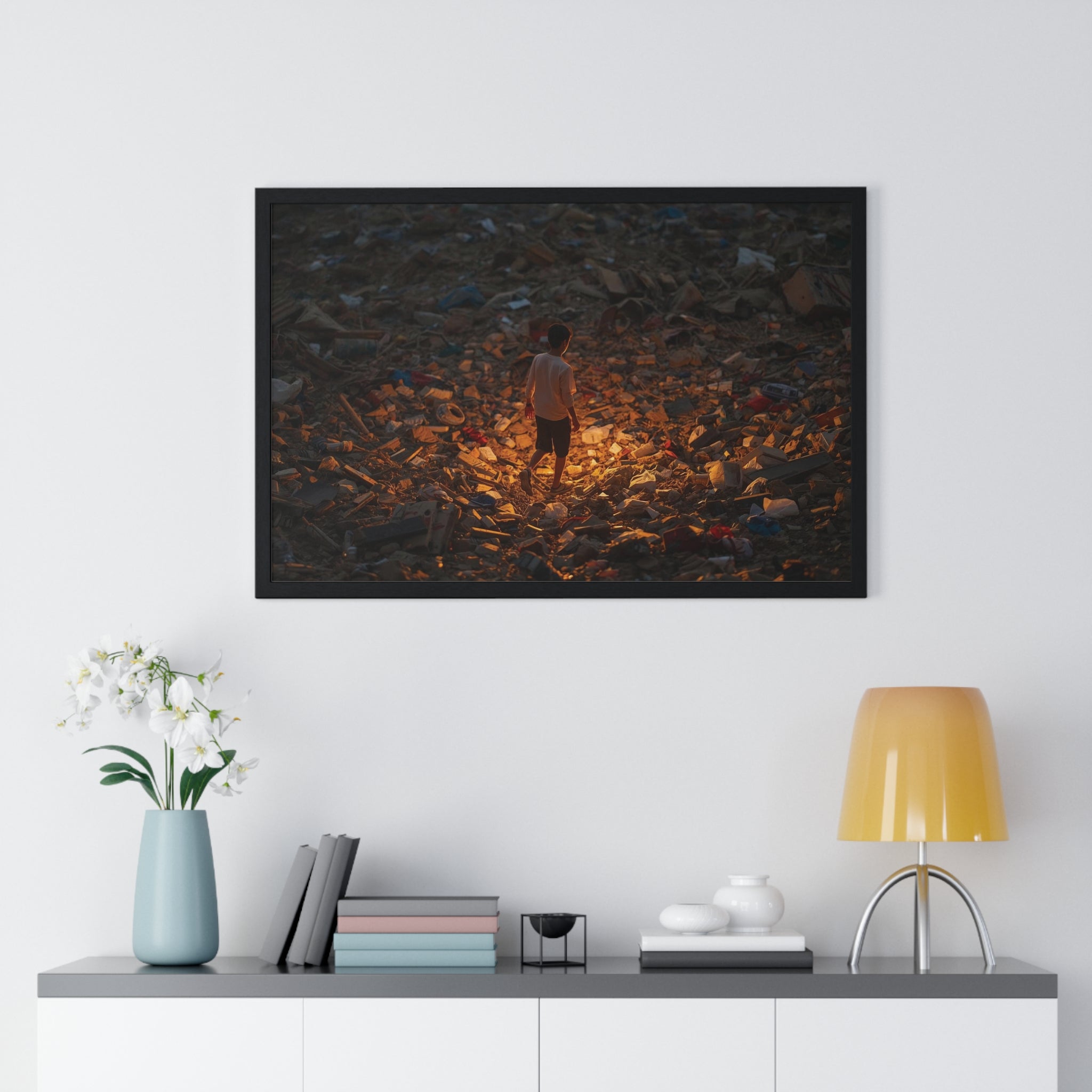 Framed Poster — Solitary Figure in Glowing Rubble (Horizontal)