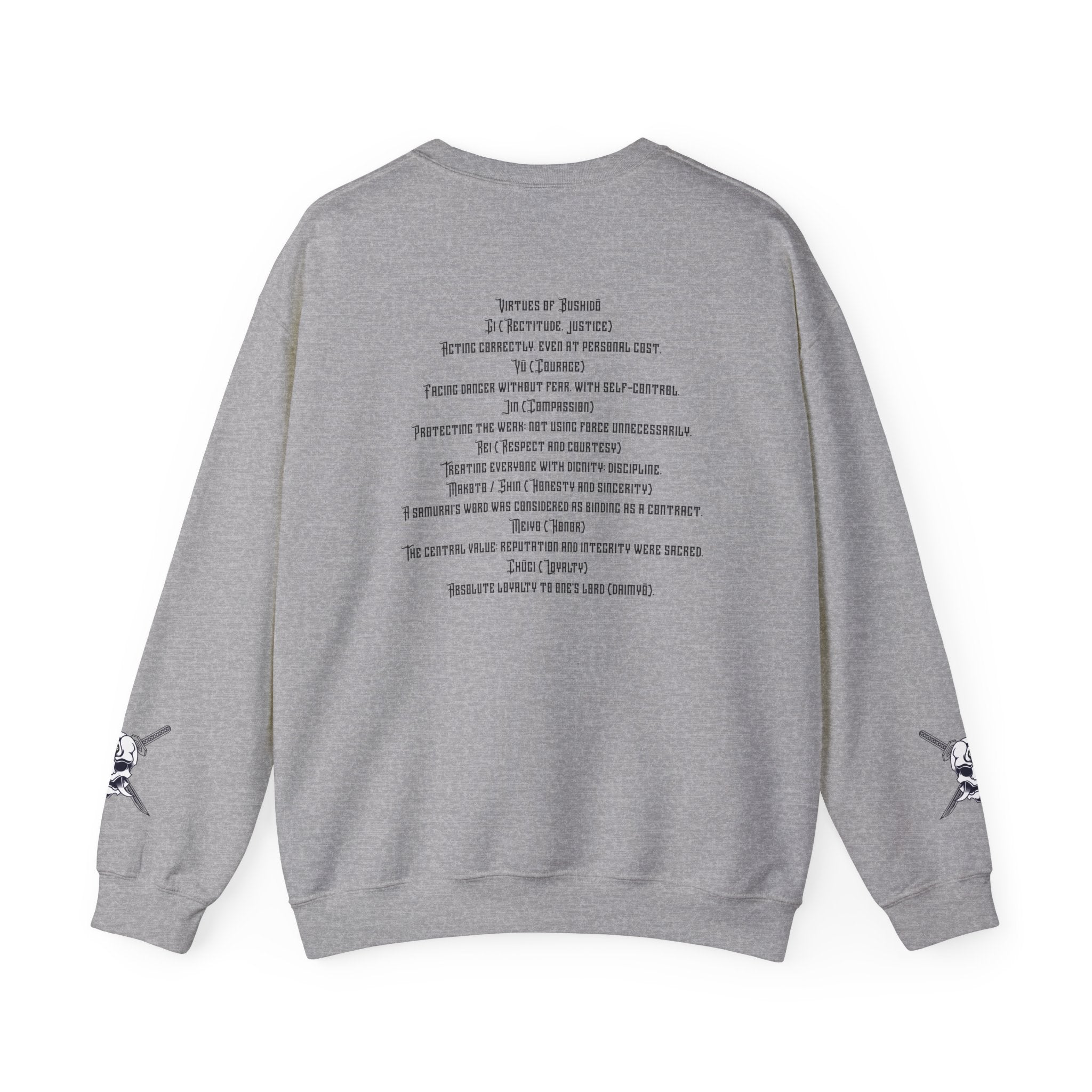 Bushidō Armor Helmet Crewneck Sweatshirt — "Virtues of Bushidō" Back Script