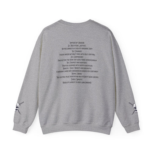 Bushidō Armor Helmet Crewneck Sweatshirt — "Virtues of Bushidō" Back Script