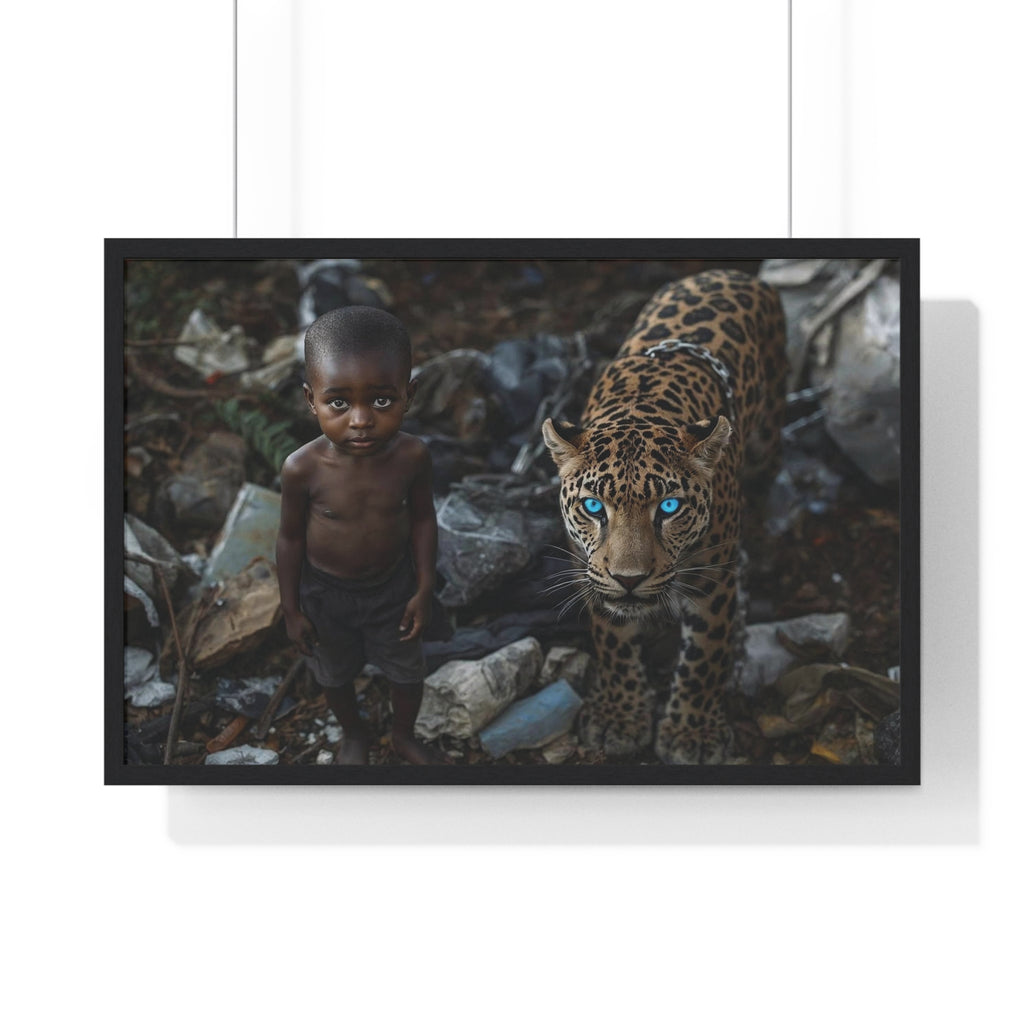 Boy and Blue-Eyed Jaguar Framed Poster — Horizontal Wall Art