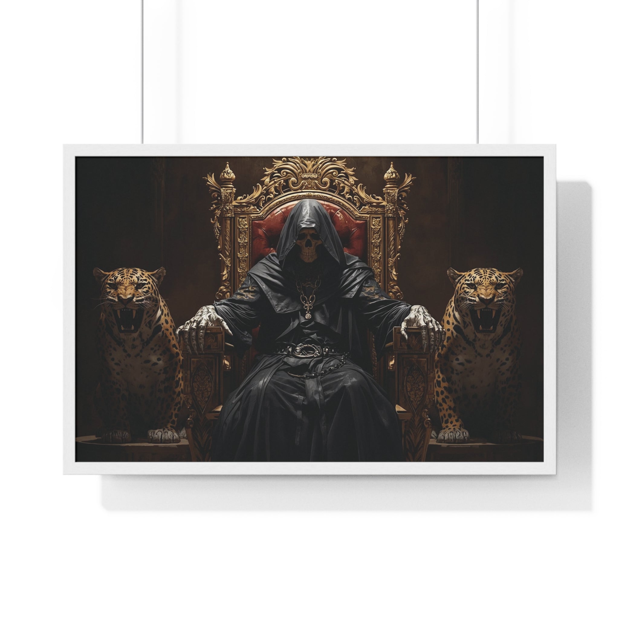 Dark Throne Hooded King Poster — Framed Wall Art with Leopards