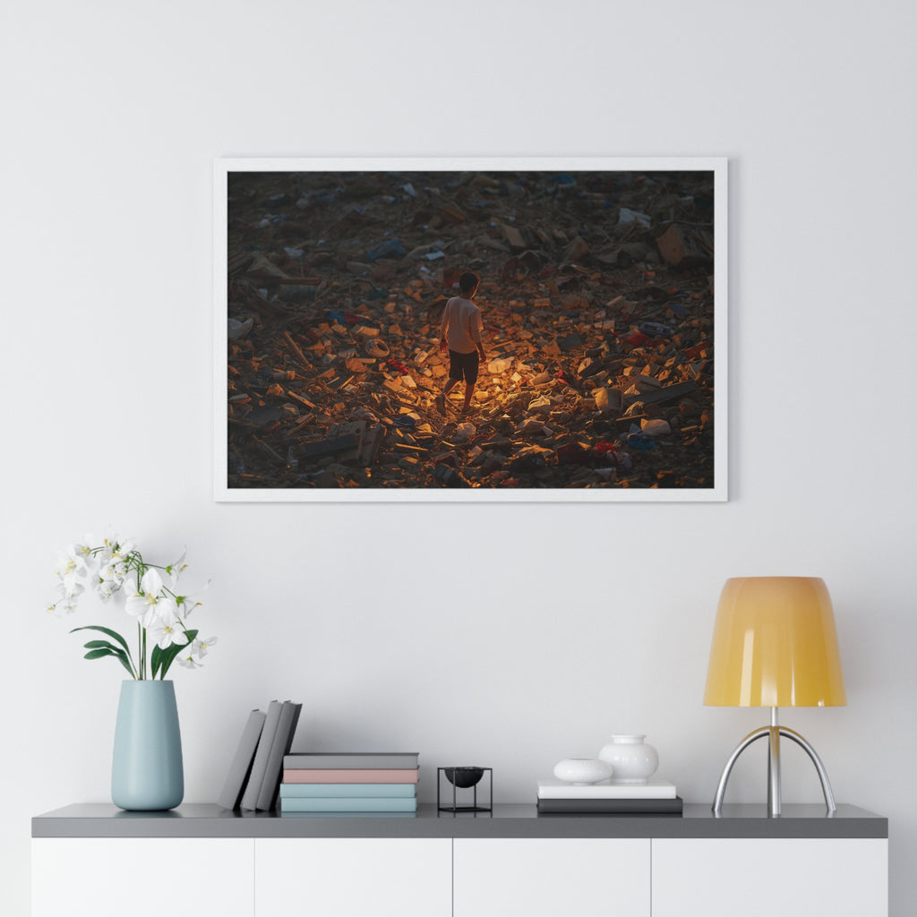 Framed Poster — Solitary Figure in Glowing Rubble (Horizontal)