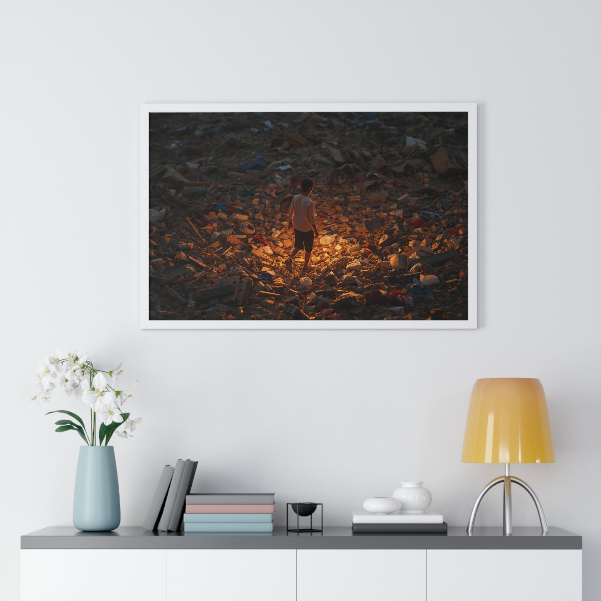 Framed Poster — Solitary Figure in Glowing Rubble (Horizontal)