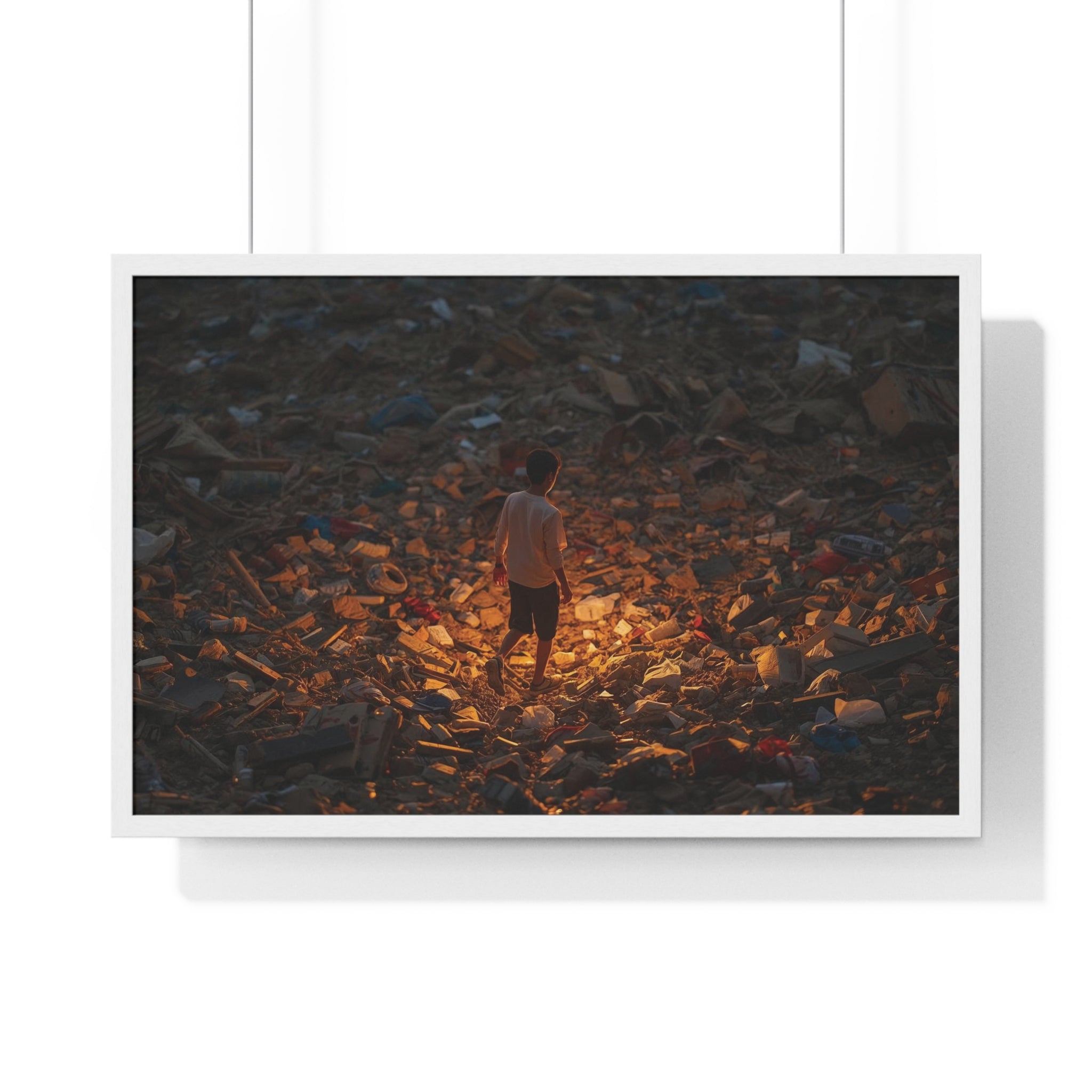 Framed Poster — Solitary Figure in Glowing Rubble (Horizontal)