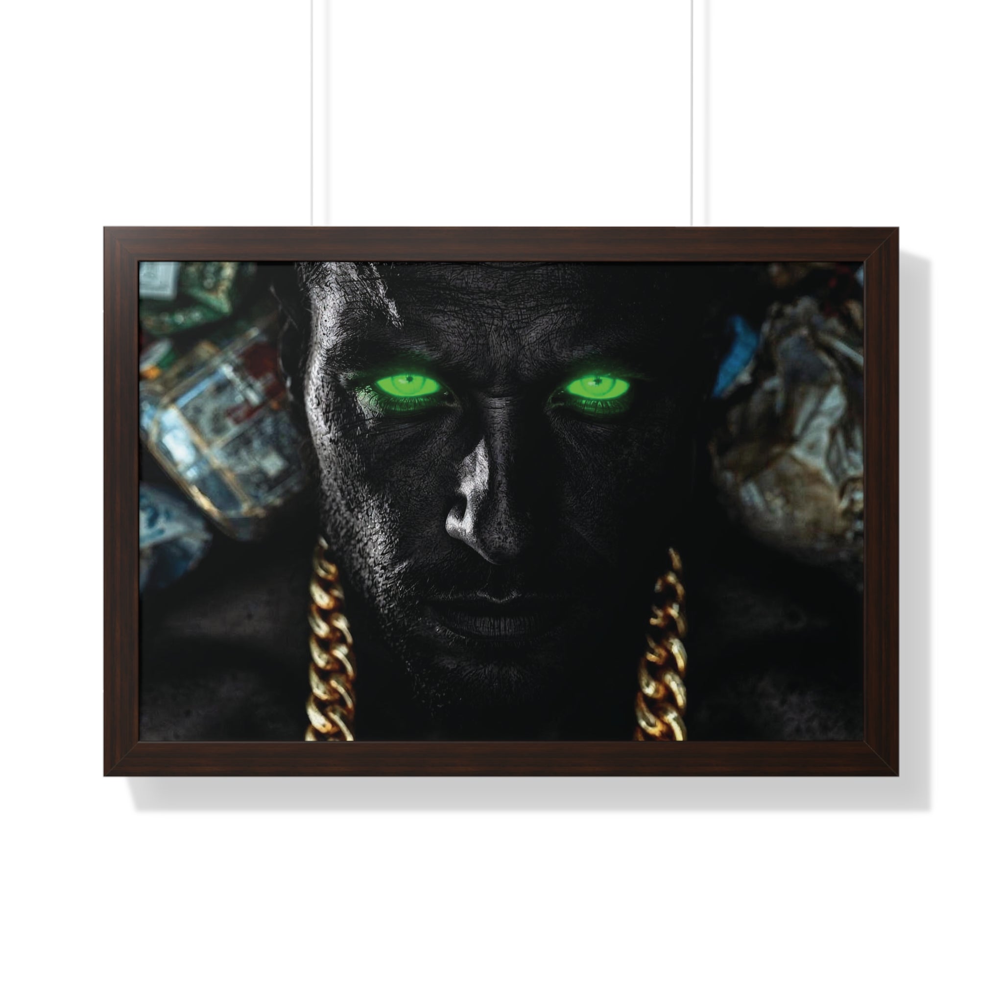 Framed Poster — Dark Portrait with Neon Green Eyes & Gold Chain