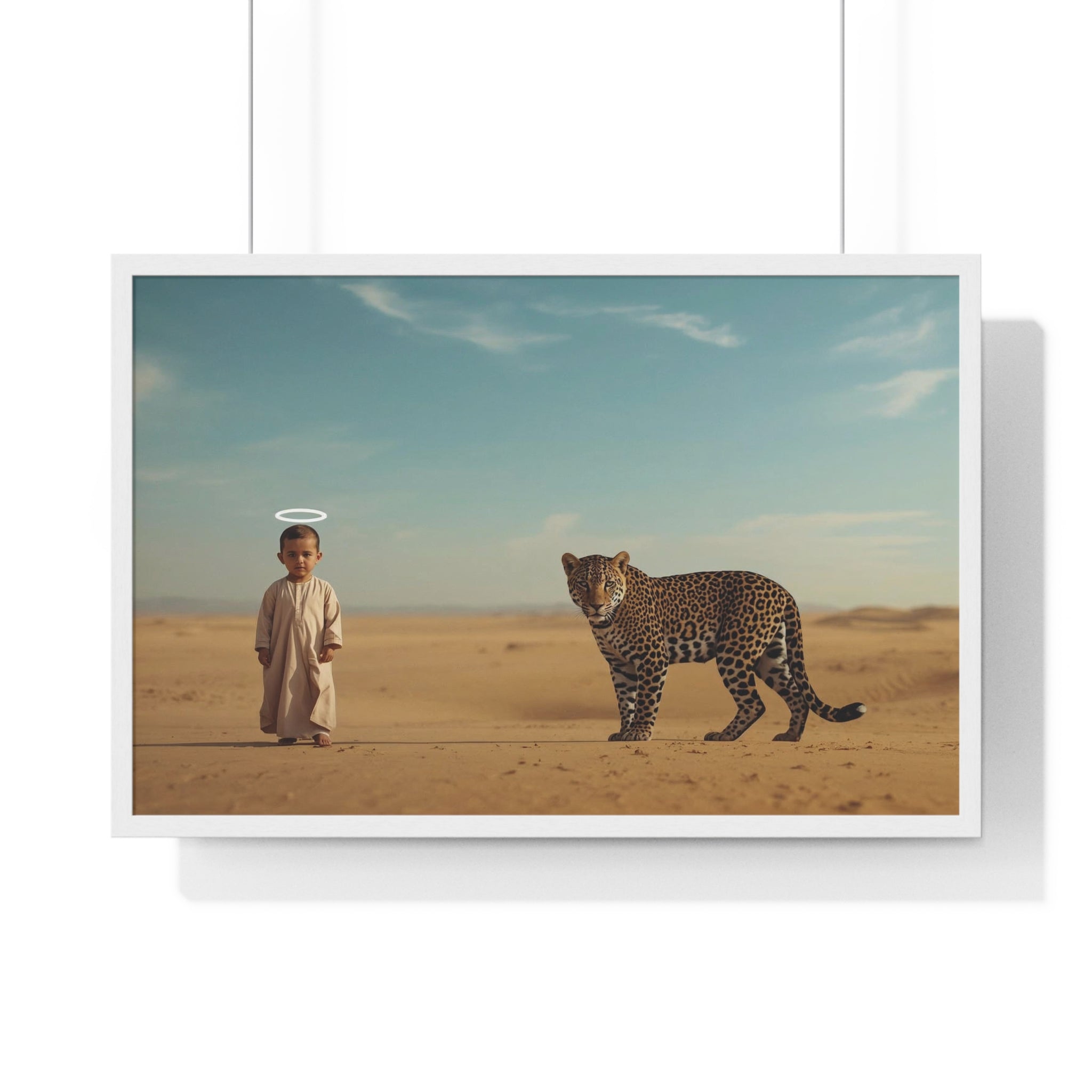 Desert Guardian Framed Poster — Child with Leopard Wall Art