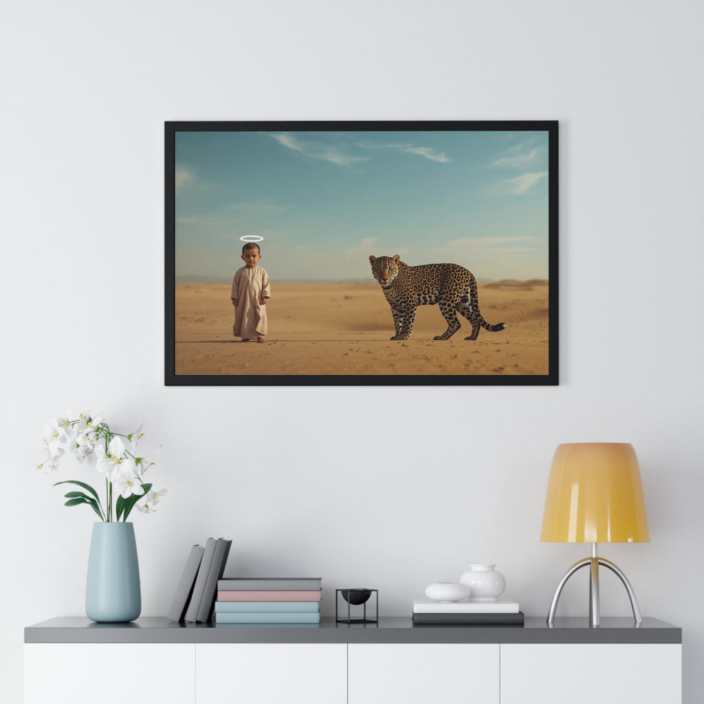 Desert Guardian Framed Poster — Child with Leopard Wall Art