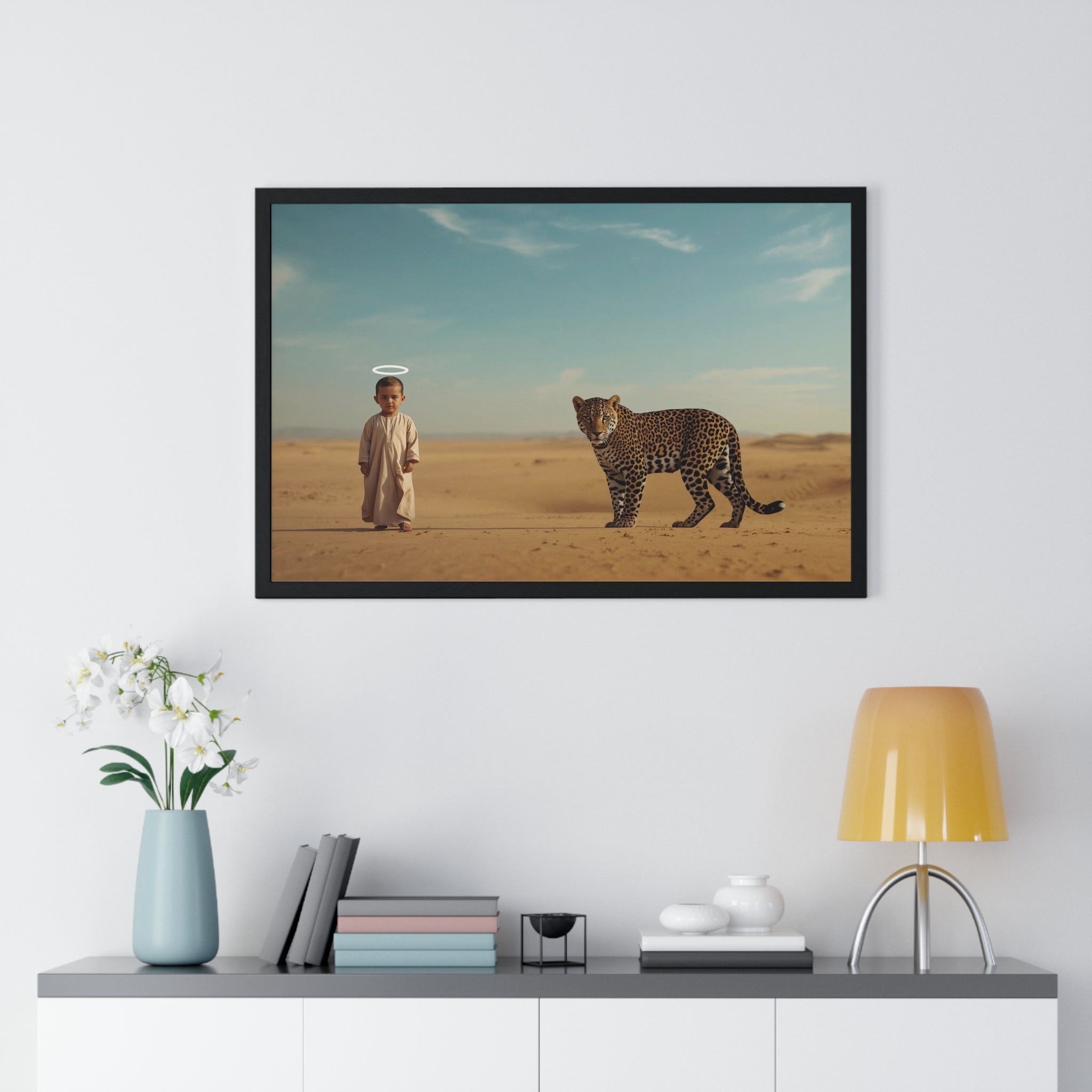 Desert Guardian Framed Poster — Child with Leopard Wall Art
