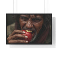 Framed Horizontal Poster – Rustic Portrait of Man Biting Red Apple, Dramatic Wall Art