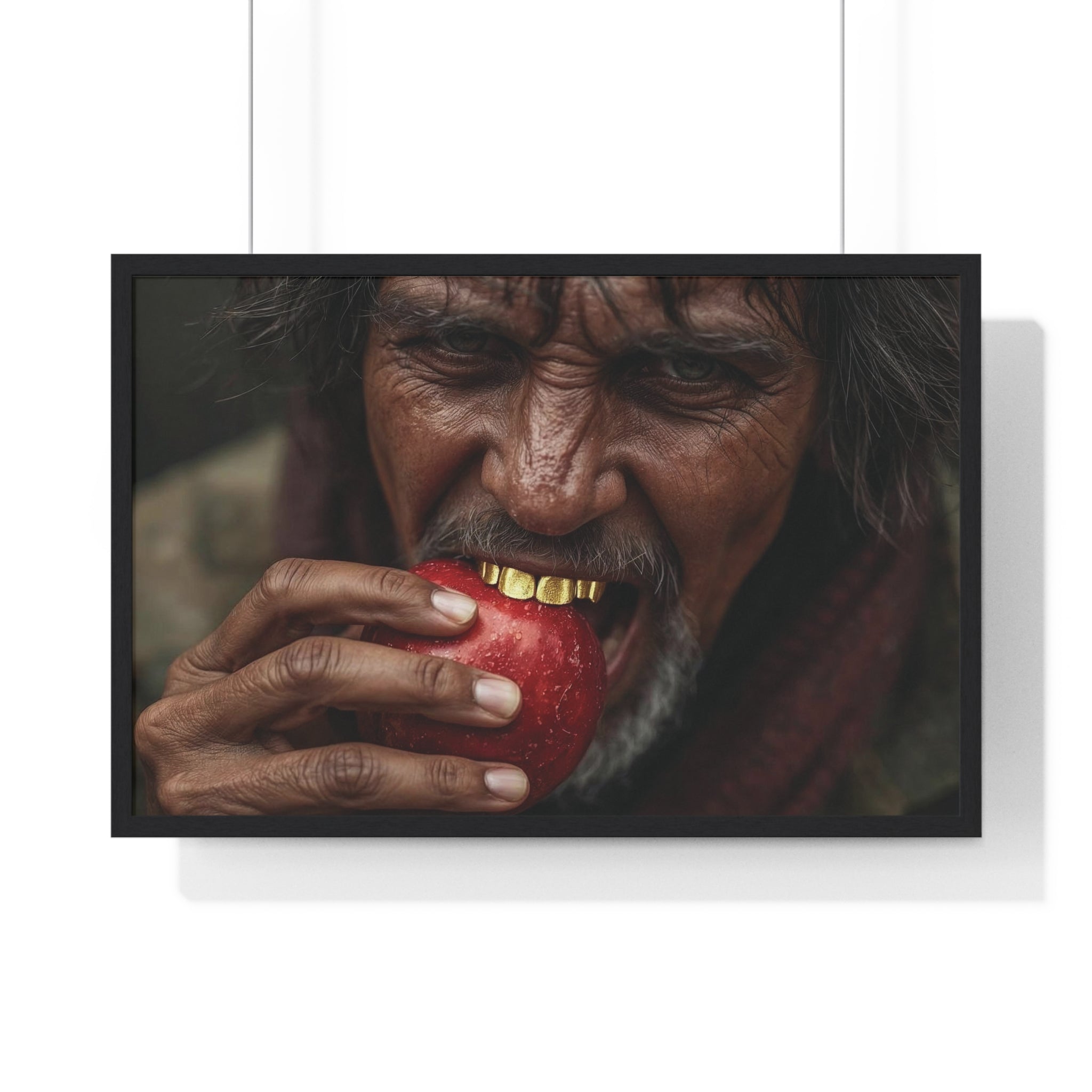 Framed Horizontal Poster – Rustic Portrait of Man Biting Red Apple, Dramatic Wall Art