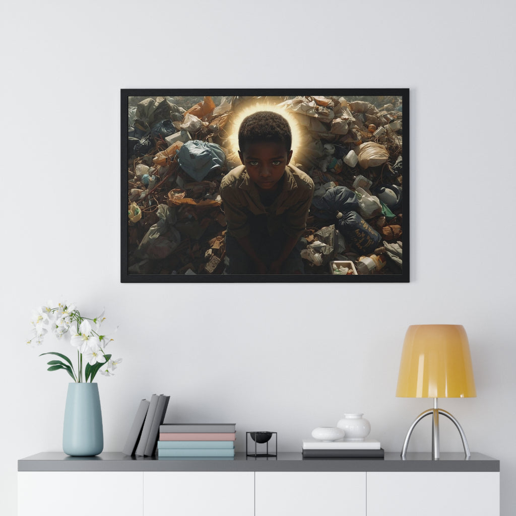 Framed Horizontal Poster — Haloed Child in Garbage: Thought-Provoking Wall Art