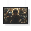 Framed Horizontal Poster — Haloed Child in Garbage: Thought-Provoking Wall Art