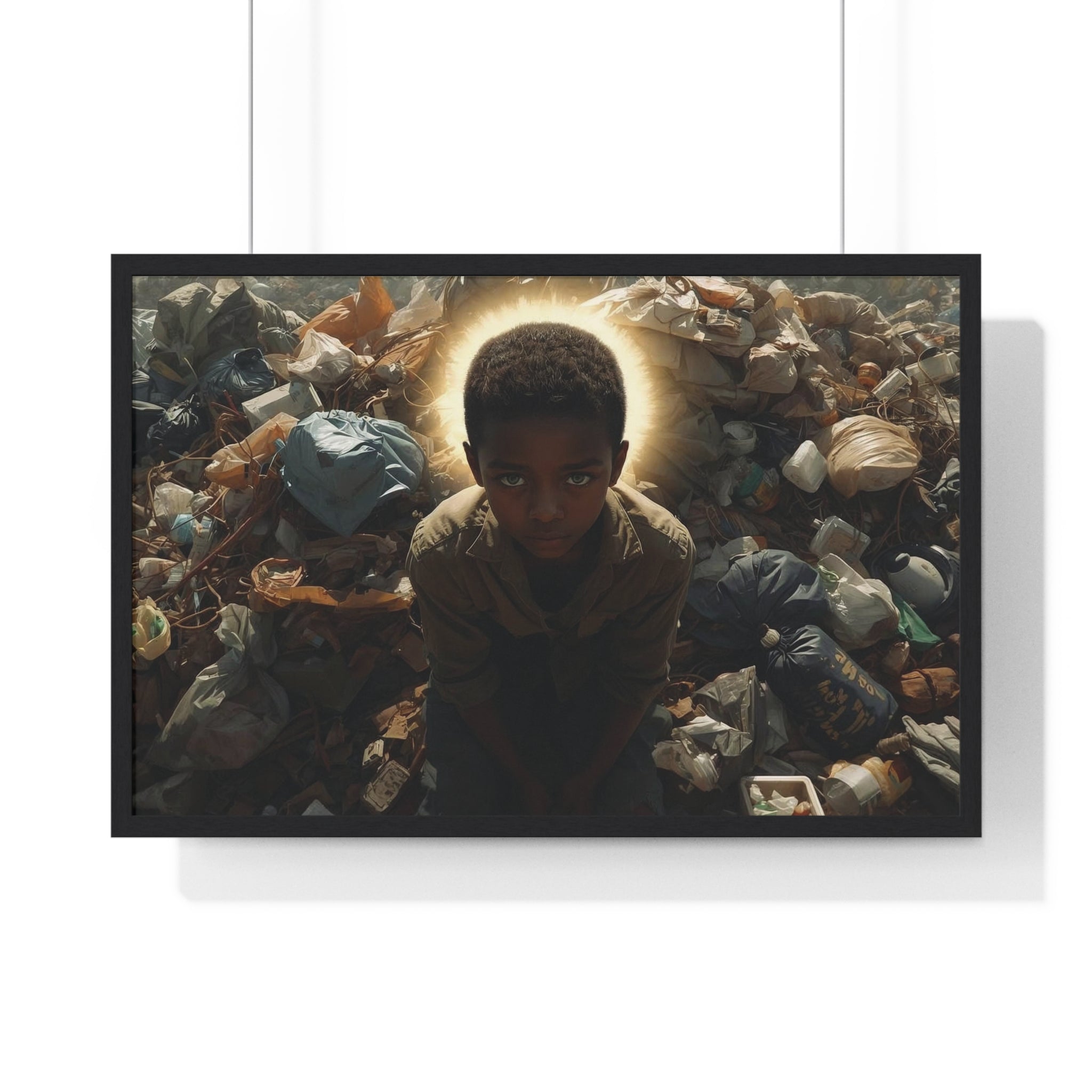 Framed Horizontal Poster — Haloed Child in Garbage: Thought-Provoking Wall Art